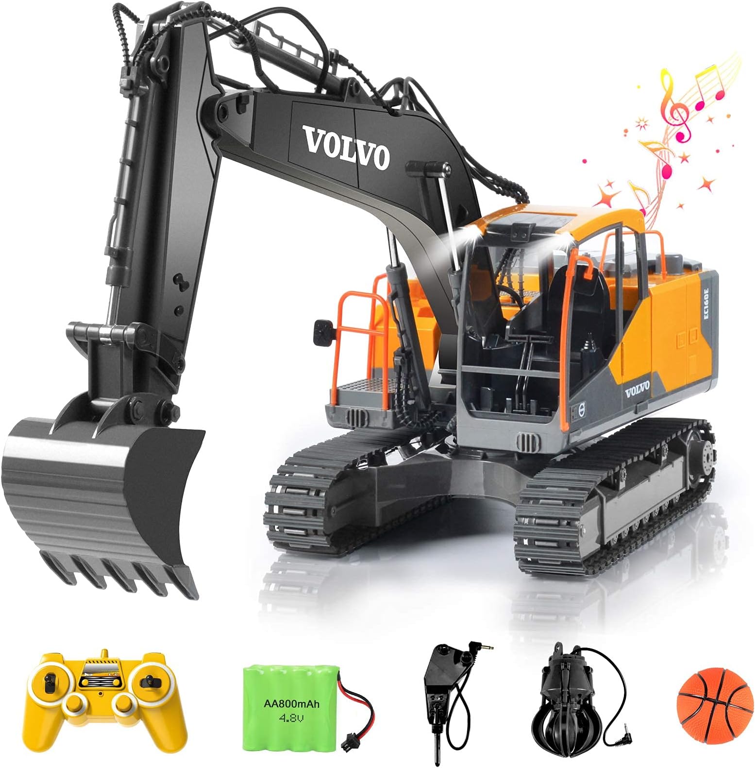 Double E Volvo 1:16 Scale Remote Control Excavator, 17 Channel 3-in-1 Construction Toy with Metal Shovel, Drill, Grab & Lights, 2.4GHz Full Function Digger for Outdoor Sandbox, Gift for Kids & Adults