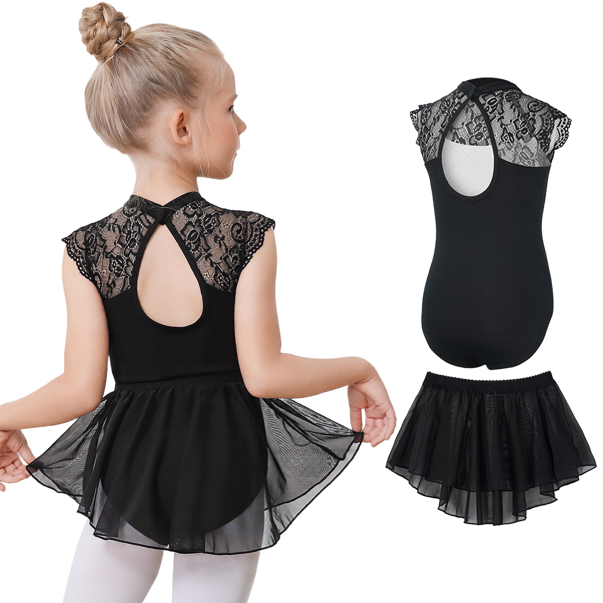 Gogokids Ballet Leotards for Girls Dance Leotards Toddler Hollow Back Lace Dance Dress with Removable Skirt Combo 3-11Years-image-32
