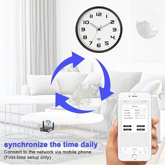 OCEST 12Inch WiFi Wall Clock with Auto Sync Time & DST, Easy to Read, Large Digital Display, Silent Battery Operated Wall Clock for Living Room Bedroom School Office Kitchen