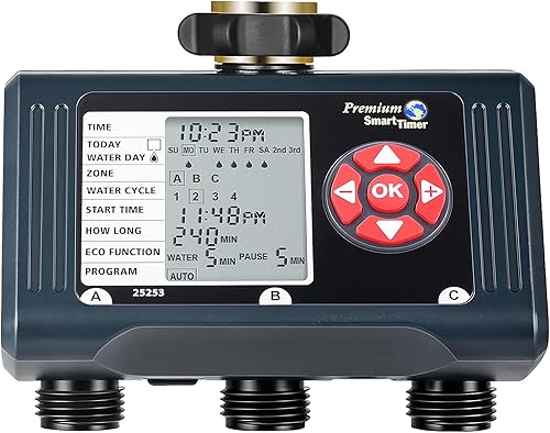 DEWENWILS Temporizador de riego de 3 zonas, temporizador de agua con 4 procedimientos programables, riego de grifo de manguera con retardo