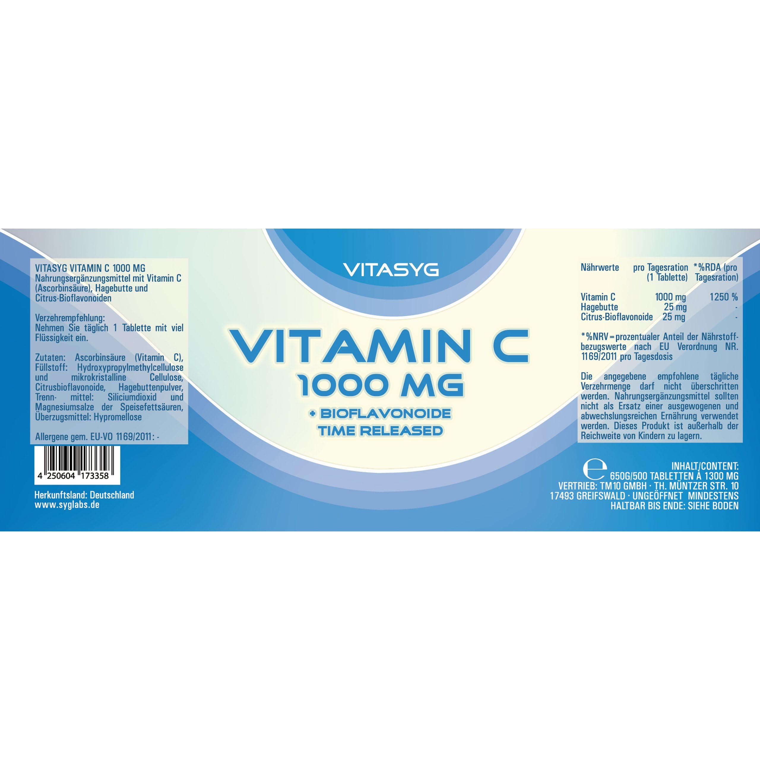 Vitamin C 1000mg - 500 Tabletten - + Citrus Bioflavonoide + Hagebutte - Time Released - Vegan | mit Citrus Bioflavonoiden und Hagebutte - Time Released Depotformel - hochdosiertes Vitamin C