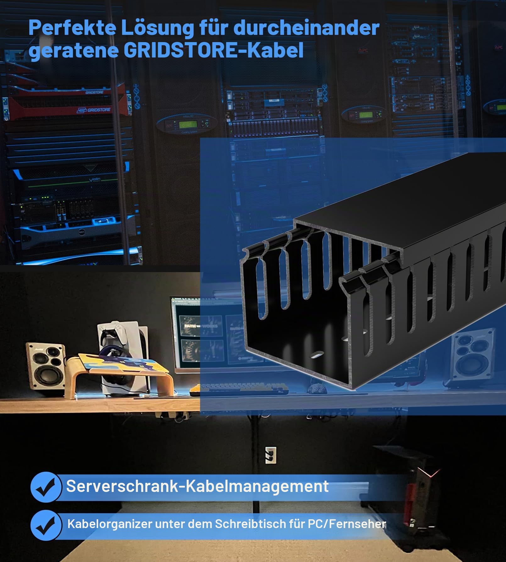 ZhiYo Kabelkanal schwarz 240cm - Serverrack-Set mit 4x60cm Verdrahtungskanal | Sicherer PVC-Kabelkanal H5xB6cm für Schreibtisch/Netzwerk - Offene Kabelrinne mit Stecksystem