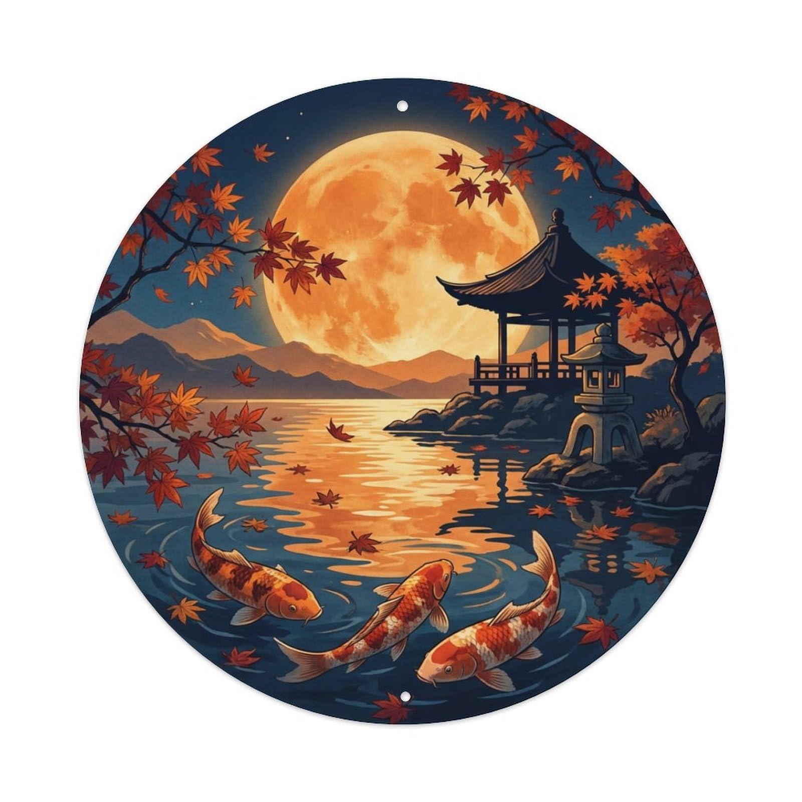 Metal Tin Sign Japanese Koi Fish Autumn Radiant Moon