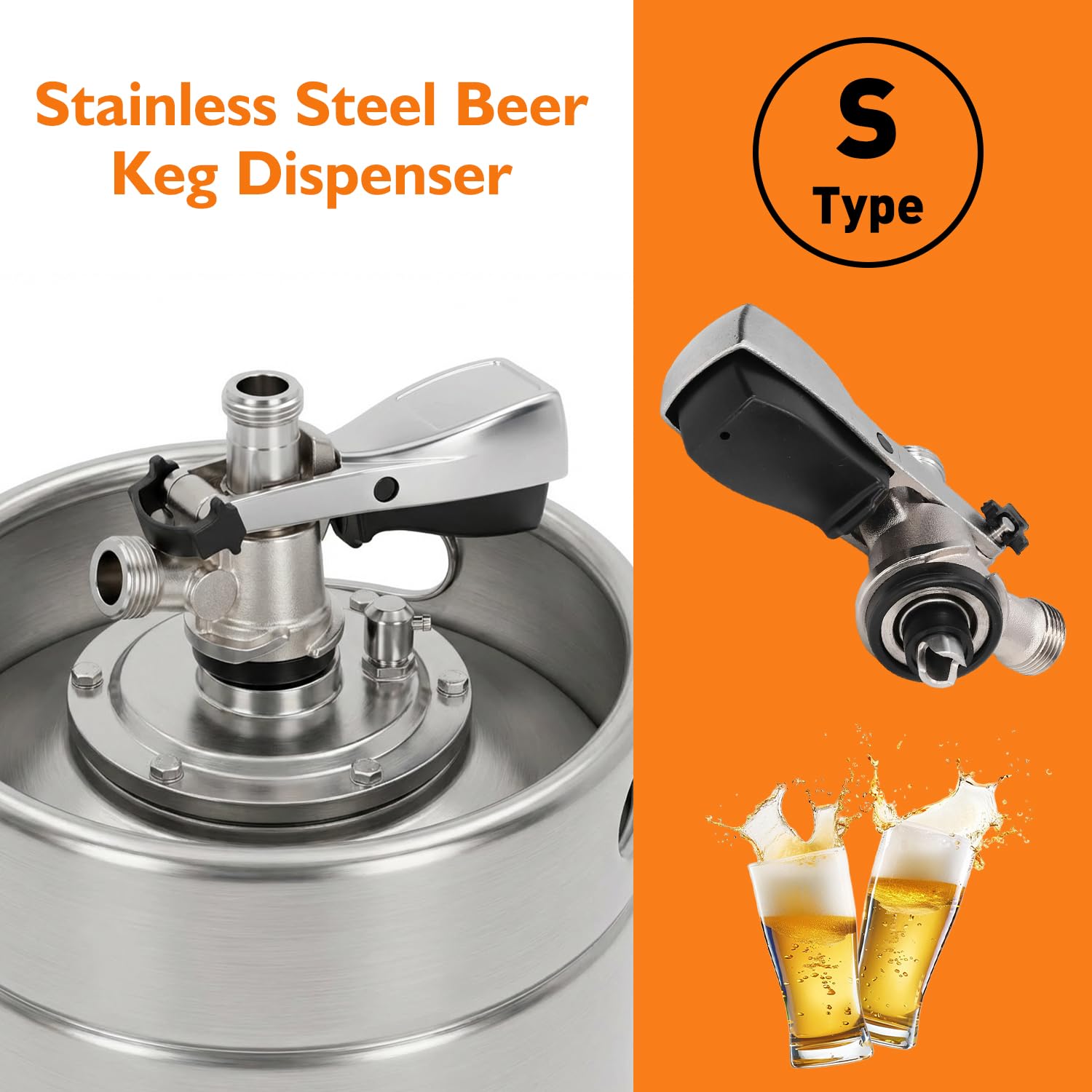 Tissting Kegverschluss Zapfkopf Typ S G5/8 Gewinde Keg Zapfkopf mit Überdruckventil, 304 Edelstahl Bier Bierfass Zapfanlage Flachkeg Bierzapfköpfe für Heimbrausystem