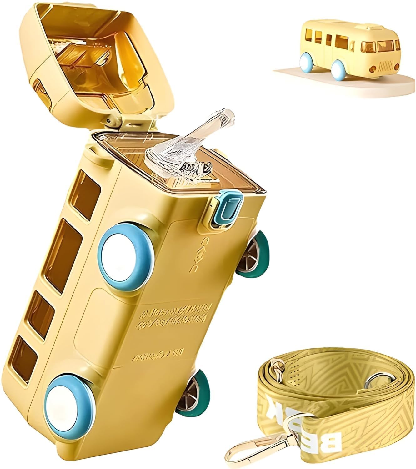 Maraxis Bus Water Bottle for Kid with Straw and Sticker Sport Plastic Portable Drinking Bottle for Kids Girls School-Pack of 1