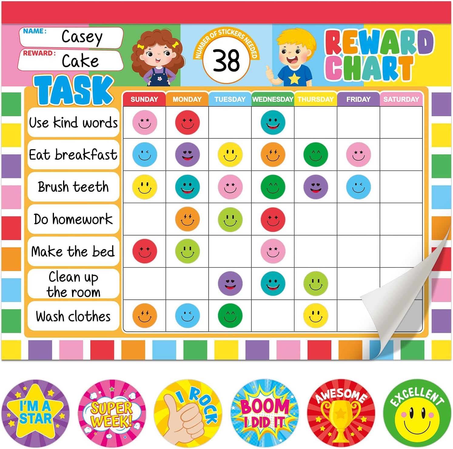 Reward Chart for Kids Behavior Chart Pad with 30 Chore Charts, 2016 Reward Stickers, 96 Incentive Stickers to Motivate Responsibility & Good Habits (RAINBOW)