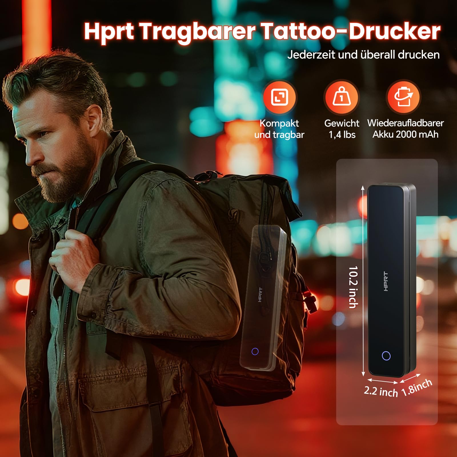 HPRT Tragbarer Bluetooth-Thermo-Tattoo-Aufkleber – Kabelloser Tattoo-Schablonendrucker mit 10 Blatt Druckpapier, DIY-Temporär-Tattoos für Tätowierer und Anfänger, wiederaufladbar über USB