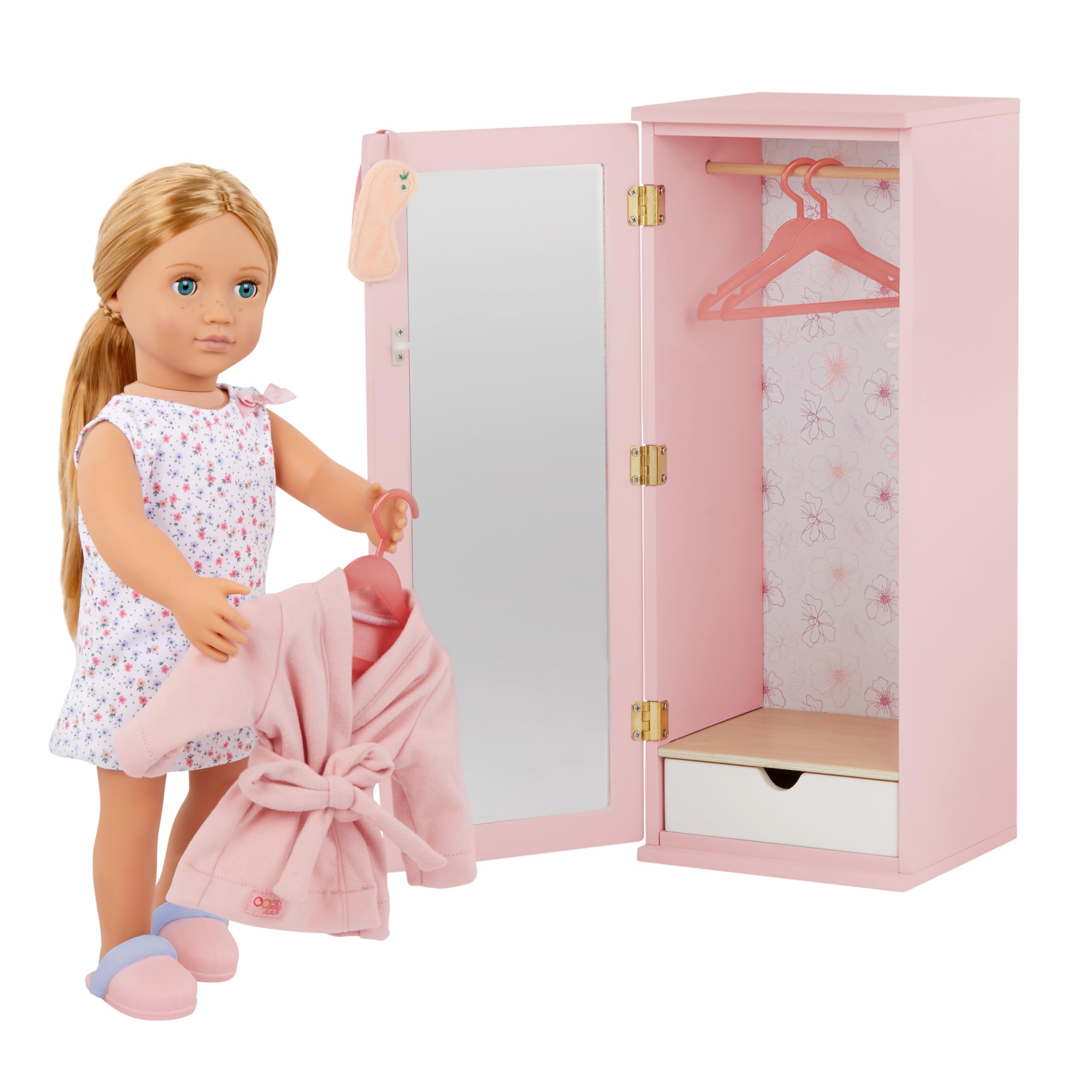 Our Generation Fashion Closet – Holz-Kleiderschrank für 46 cm Puppen – inkl. Spiegel, Schublade & Zubehör – Puppenschrank mit Outfits – Komplett montiert