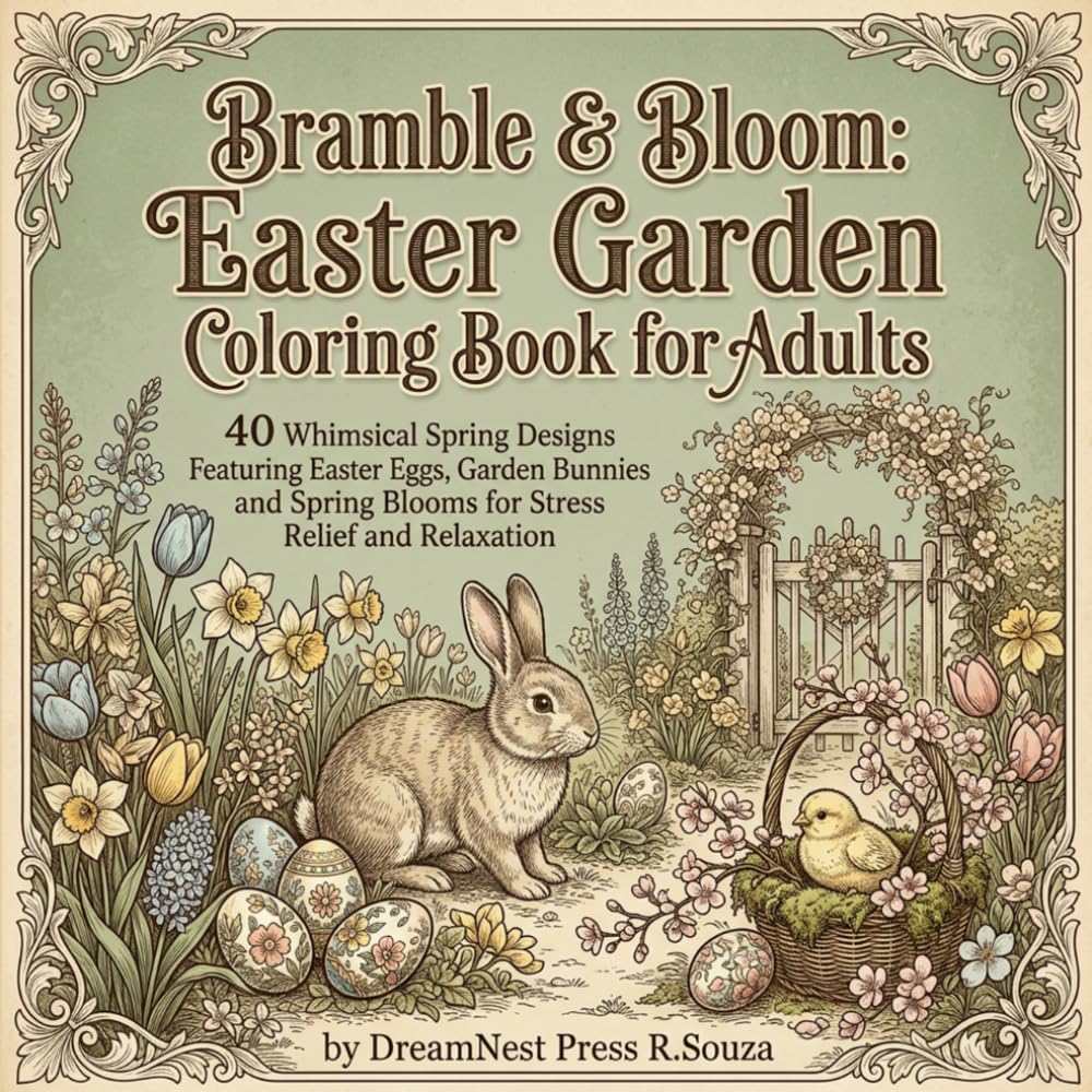 Bramble & Bloom: Easter Garden Coloring Book for Adults: 40 Whimsical Spring Designs Featuring Easter Eggs, Garden Bunnies and Spring Blooms for Stress Relief and Relaxation
