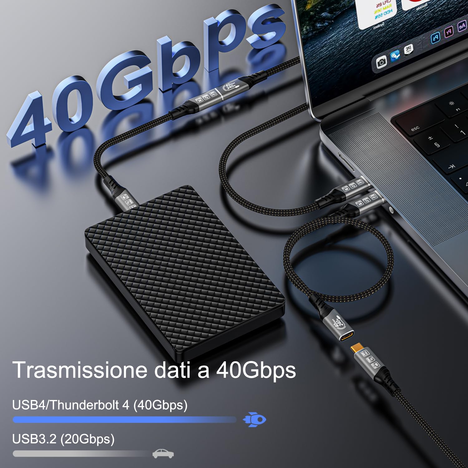 Prolunga Thunderbolt 4 2 metri, USB 4 40Gbps Prolunga USB Type C, 240W 48/5A Cavo Prolunga Thunderbolt 8K@60Hz 4K@144Hz per Thunderbolt 5, Switch, MacBook, iPad Pro, VR, SSD