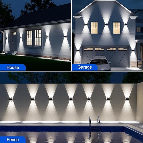 Miniatura 6 de Paquete de 4 luces de pared alimentadas por energía solar para exteriores, montaje en valla de arriba y abajo, lámparas LED decorativas impermeables