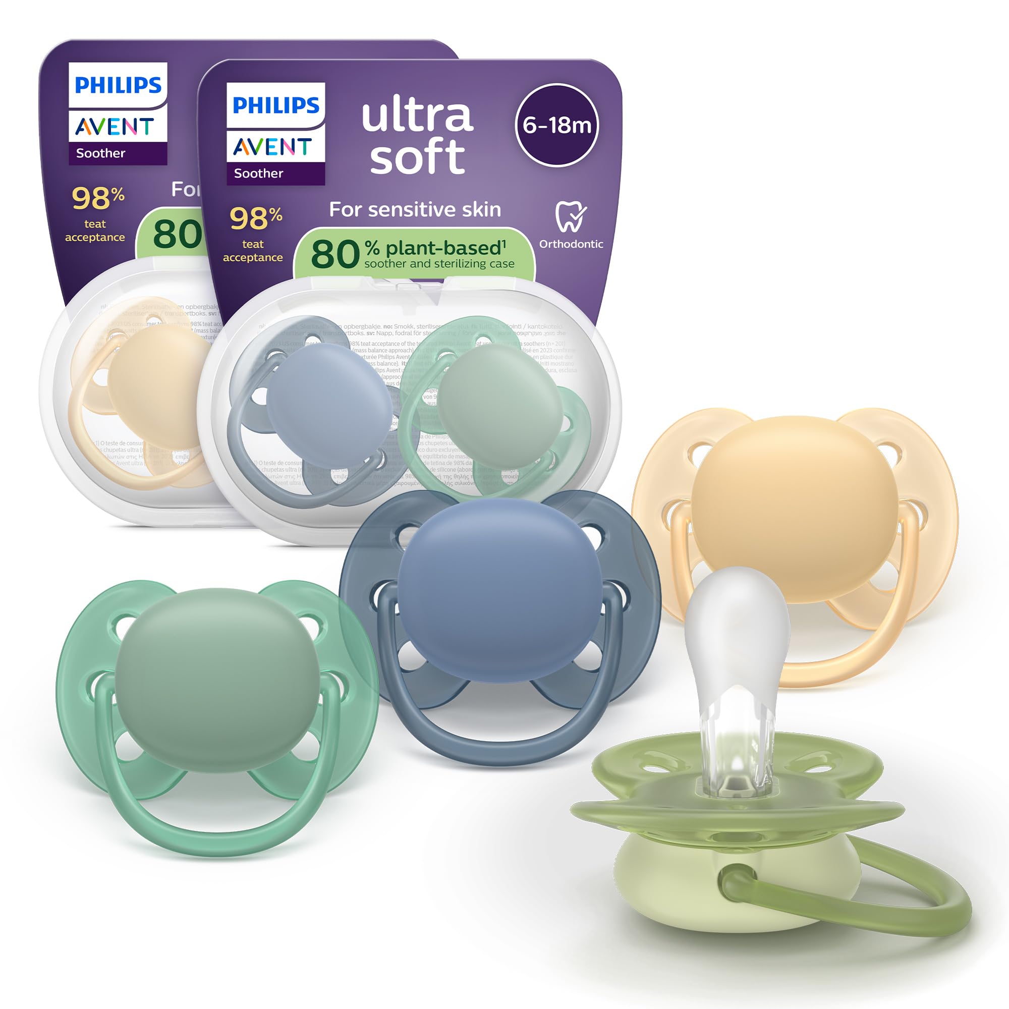 Philips Avent Ultra Soft Soothers - Orthodontic Design, for Babies 6-18 Months, Flexible Shield, Silicone Symmetrical Teat, BPA-Free, 2 Sterilizing Cases, 4 Pack, SCF091/53