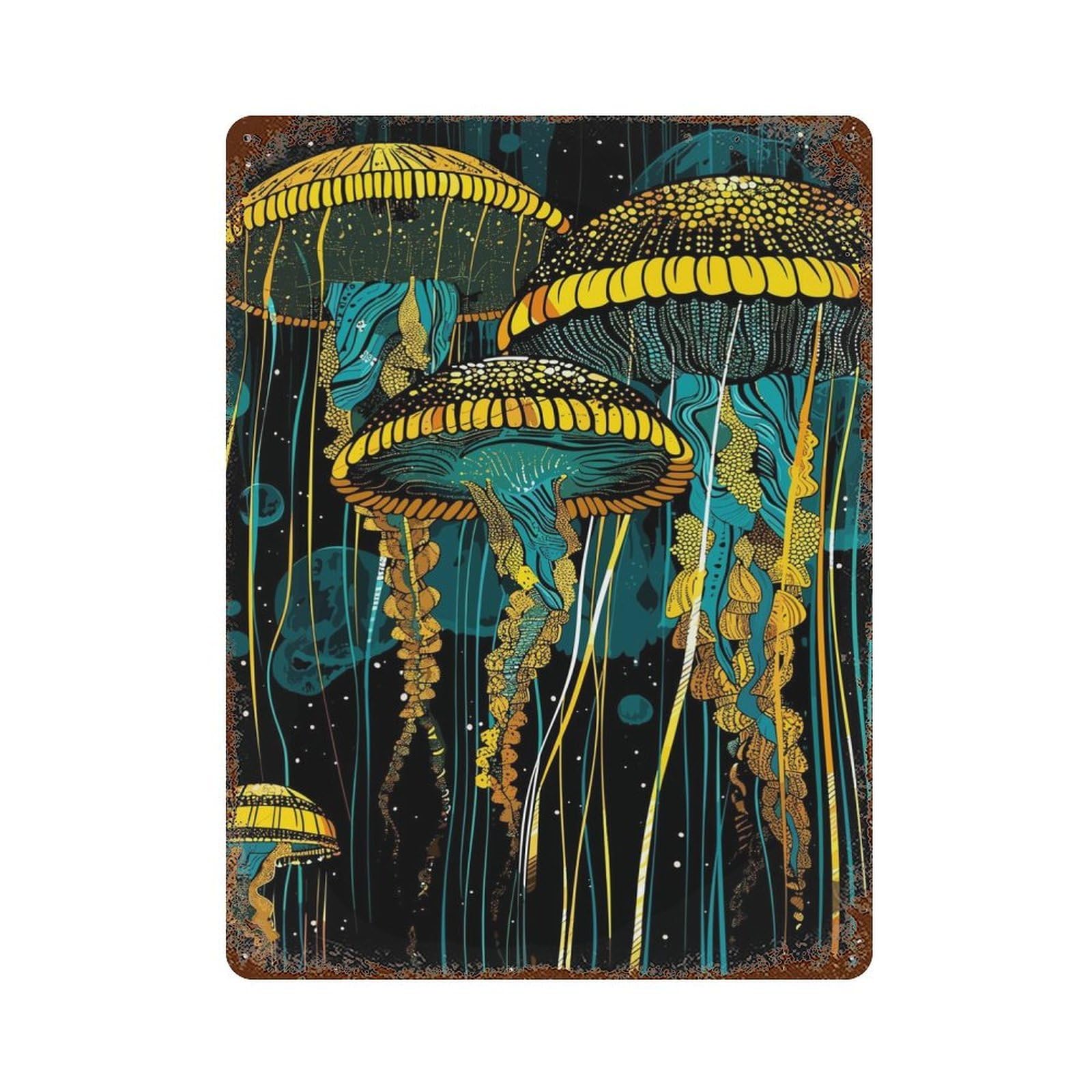 Jellyfish Abstract Rusty Metal Tin Sign 15.7"x11.8", for Basement, Hobby Room And Garage Decor, Retro Wall Decor