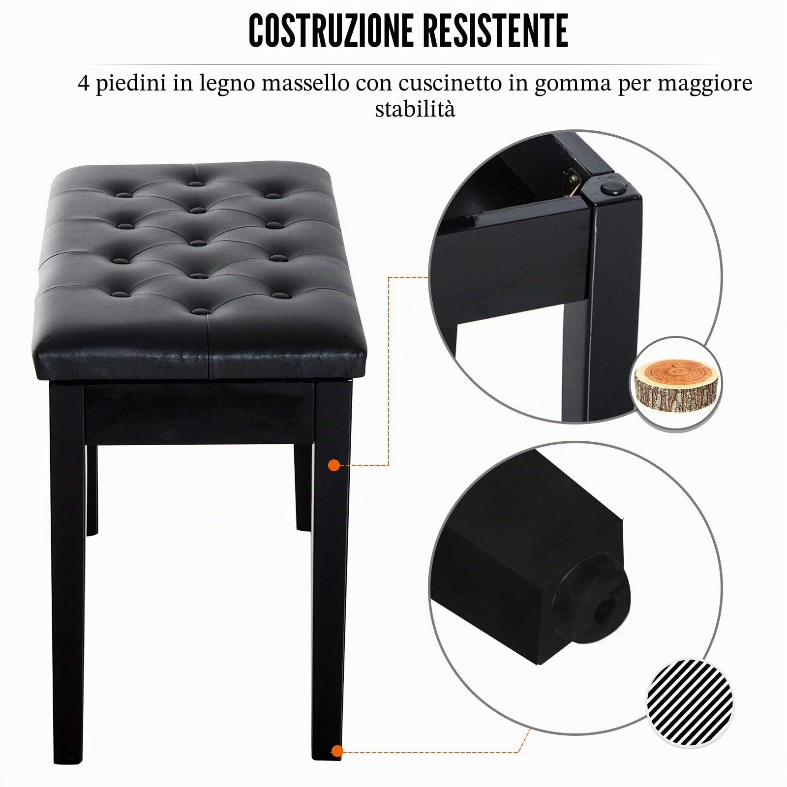 Outsunny HOMCOM Sgabello Pianoforte Professionale con Vano Portaoggetti Ecopelle, Legno 76 x 36 x 50cm Nero Sgabello Panchetta Panchina Sedia per Pianoforte con vano portaoggetti