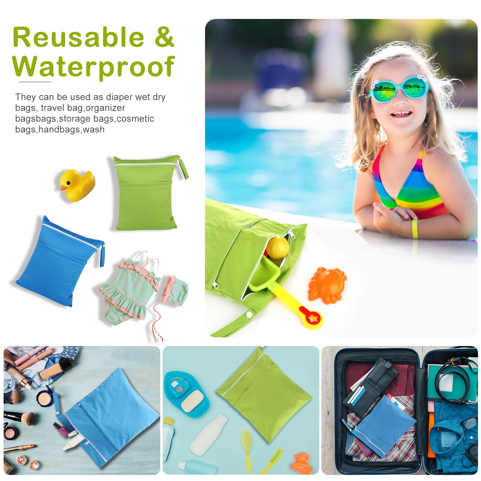 Angel Love 2 Stück Baby-Stoffwindeln, Nass-/Trockentaschen, mit zwei Reißverschlusstaschen, Reisen, Strand, Pool, Turnbeutel für Badeanzüge oder nasse Kleidung, wasserdicht, wiederverwendbar, L0109