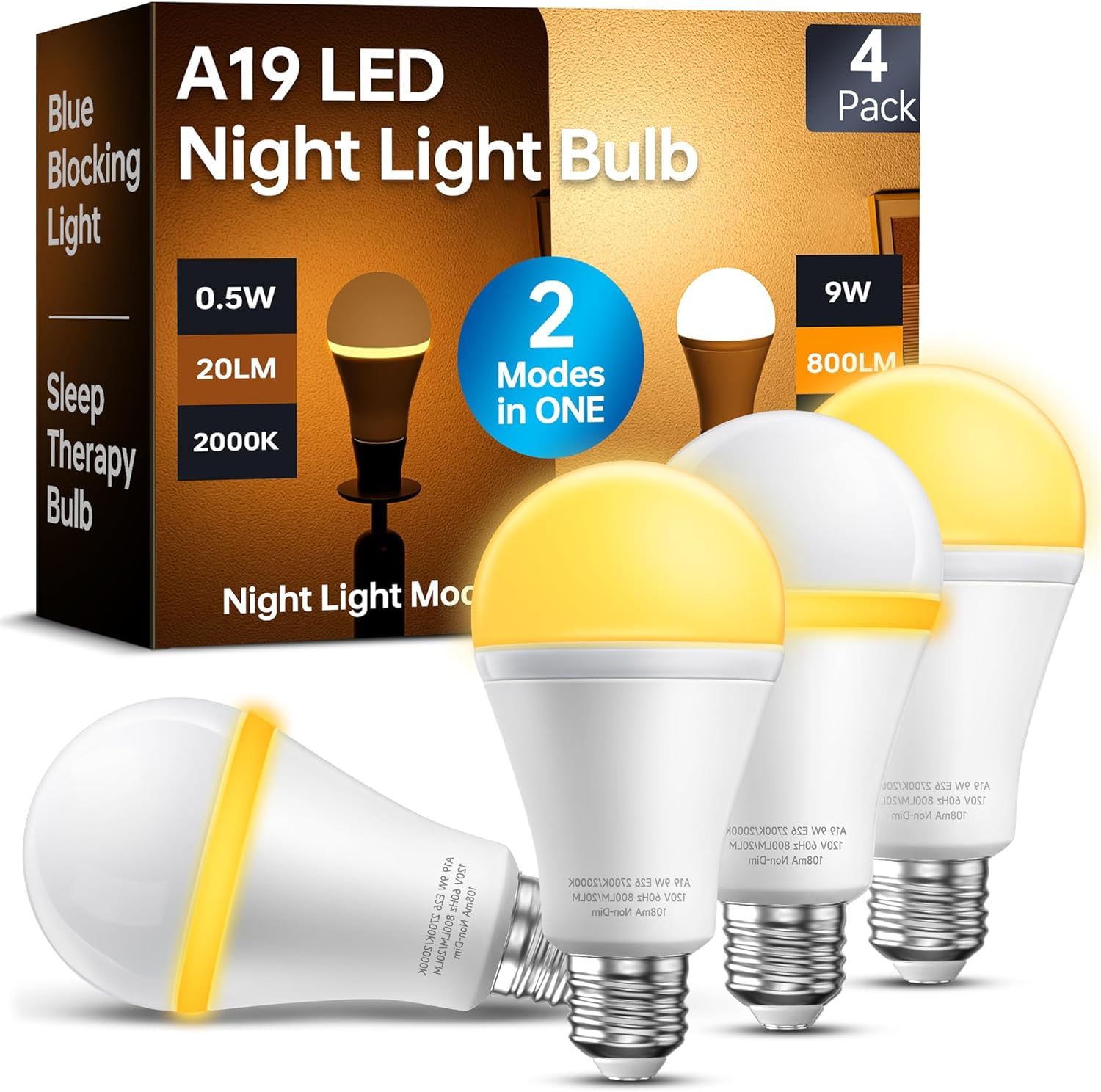 KINDEEP Light Bulbs, E26 Blue Light Blocking Dim Bulbs with 2 Modes, 0.5W Amber Light with 20lm 2000K, 9W Equivalent 60W, 800lm 2700K, Ideal for Lamp, Bedroom, Mood Soothing, Sleep & Nursery, 4 Pack