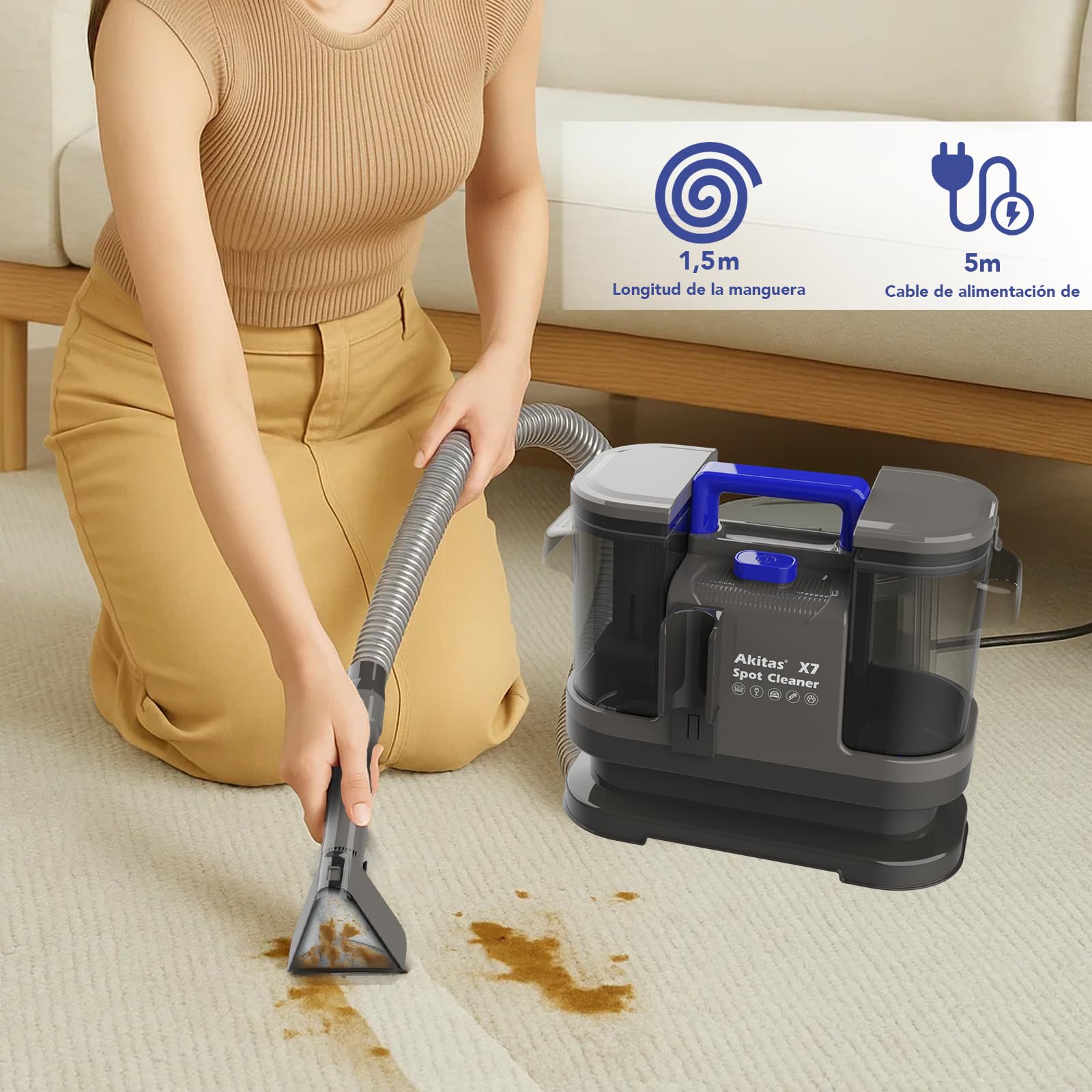 Akitas X7 600W Aspiradora de Agua Tapicería con Función de Autolimpieza Limpiador de Tapicerías Portátil 14kPa Pelos de Mascotas Sofás Colchones Alfombras Coches Depósito Doble(AKX7)