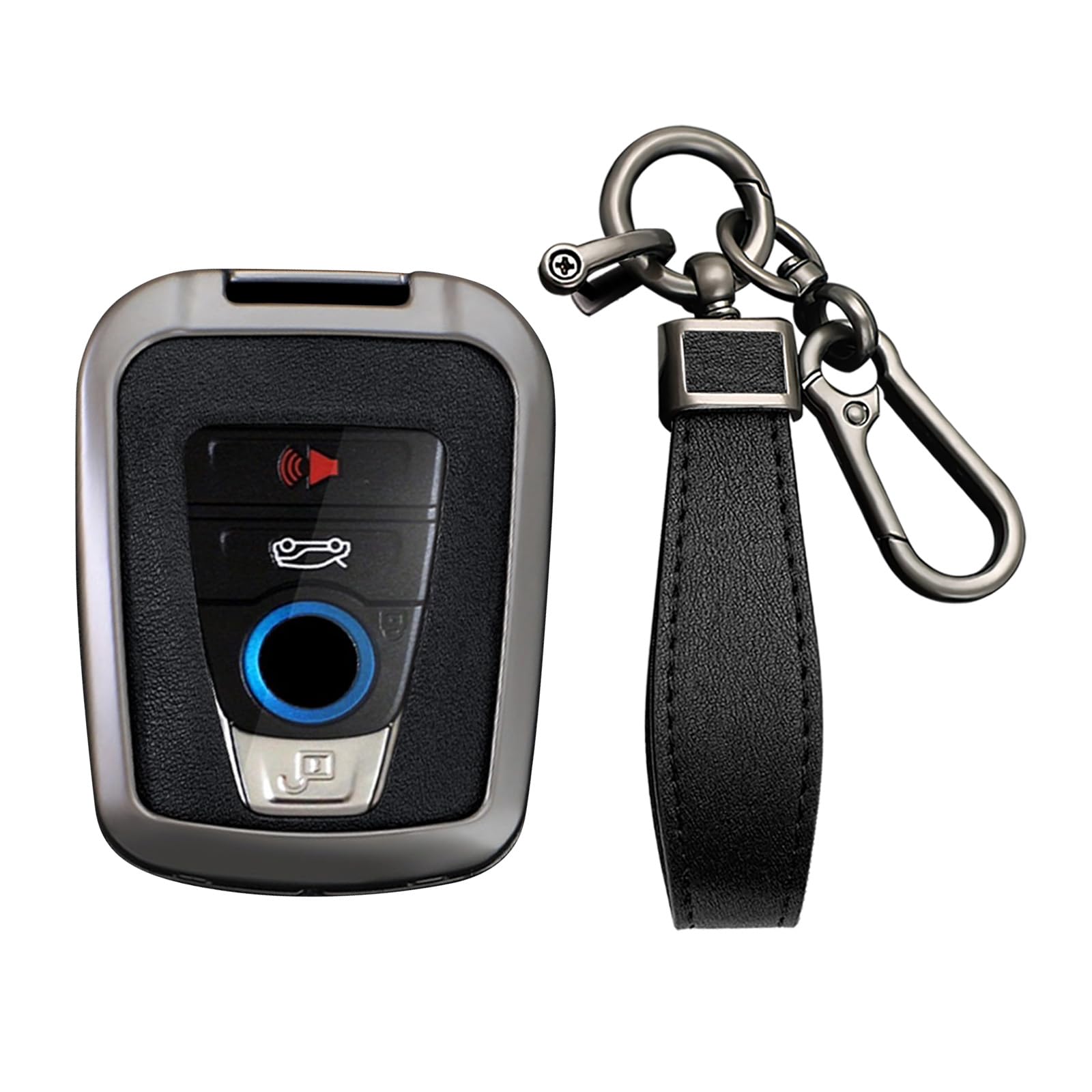 KUNIO PU Leather+Zinc Alloy 4 Button Smart Key Fob Cover Case Fit for BMW 2014-2019 I3 2014-2020 I8 Keyless Key Holder with Leather Keychain Car Accessory B Gun Black