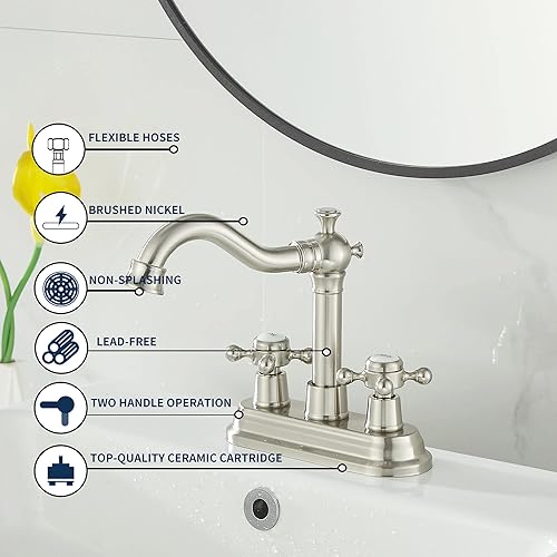 Miniatura 5 de GGStudy Grifo de baño de níquel cepillado con 2 asas de 4 pulgadas, juego central de tocador de baño RV con montaje de drenaje y manguera de