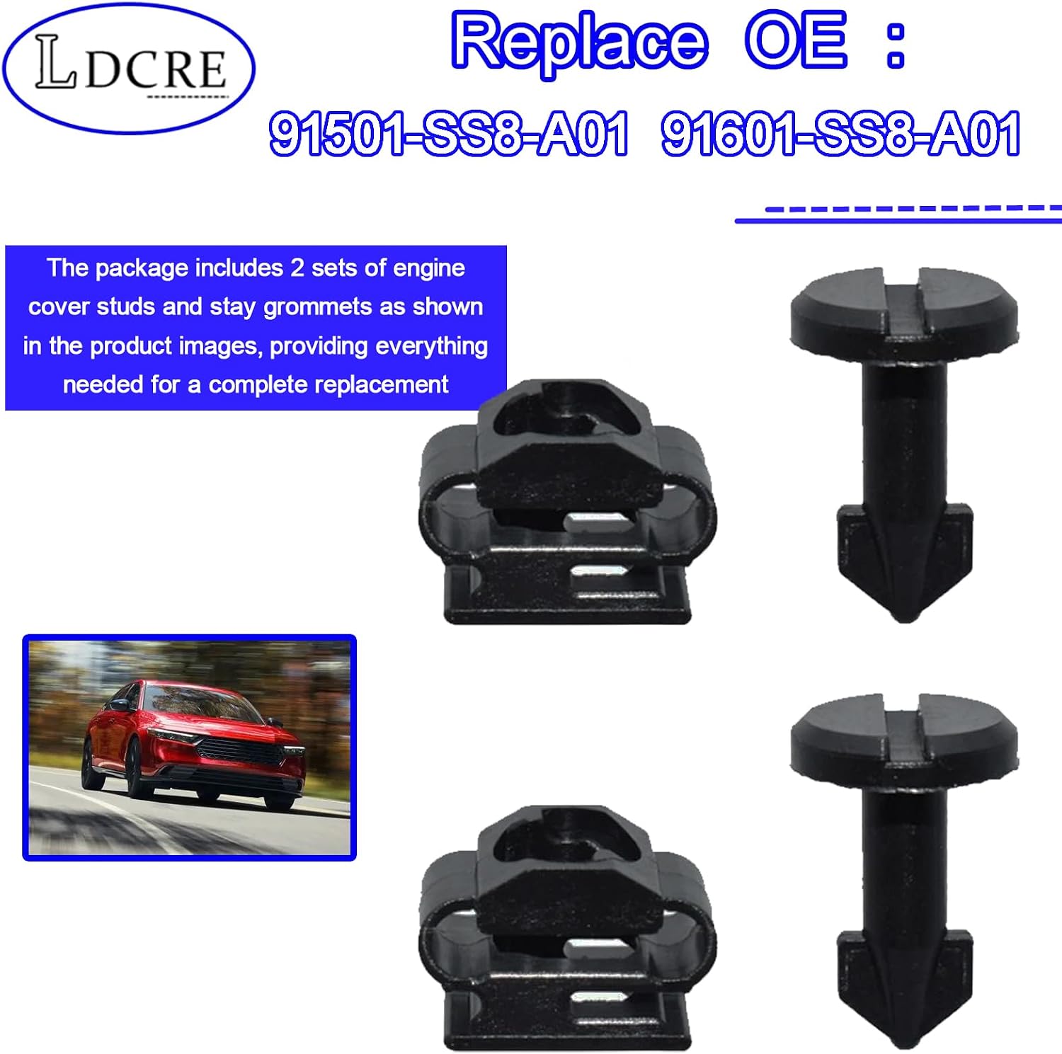 2 Sets Plastic Engine Cover Stud, Stay Grommet Kit Compatible with Honda, Replace 91501-SS8-A01 91601-SS8-A01, Engine Appearance Cover Fasteners
