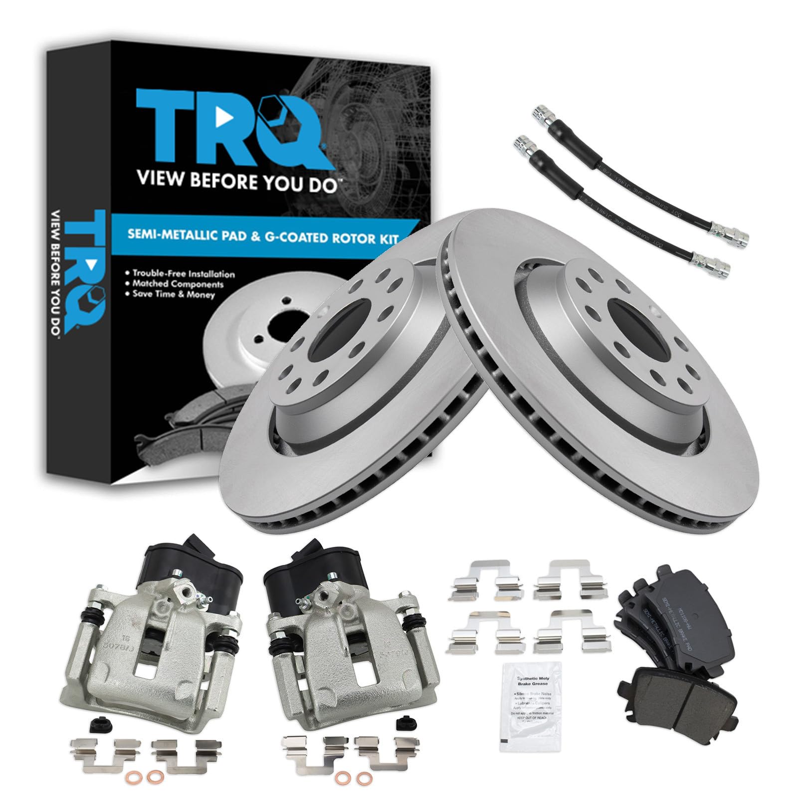 TRQ Rear Brake Pad and Rotor Set Semi Metallic G Coated Rotors Calipers Compatible with 2010 2016 Volkswagen CC 2010 Passat