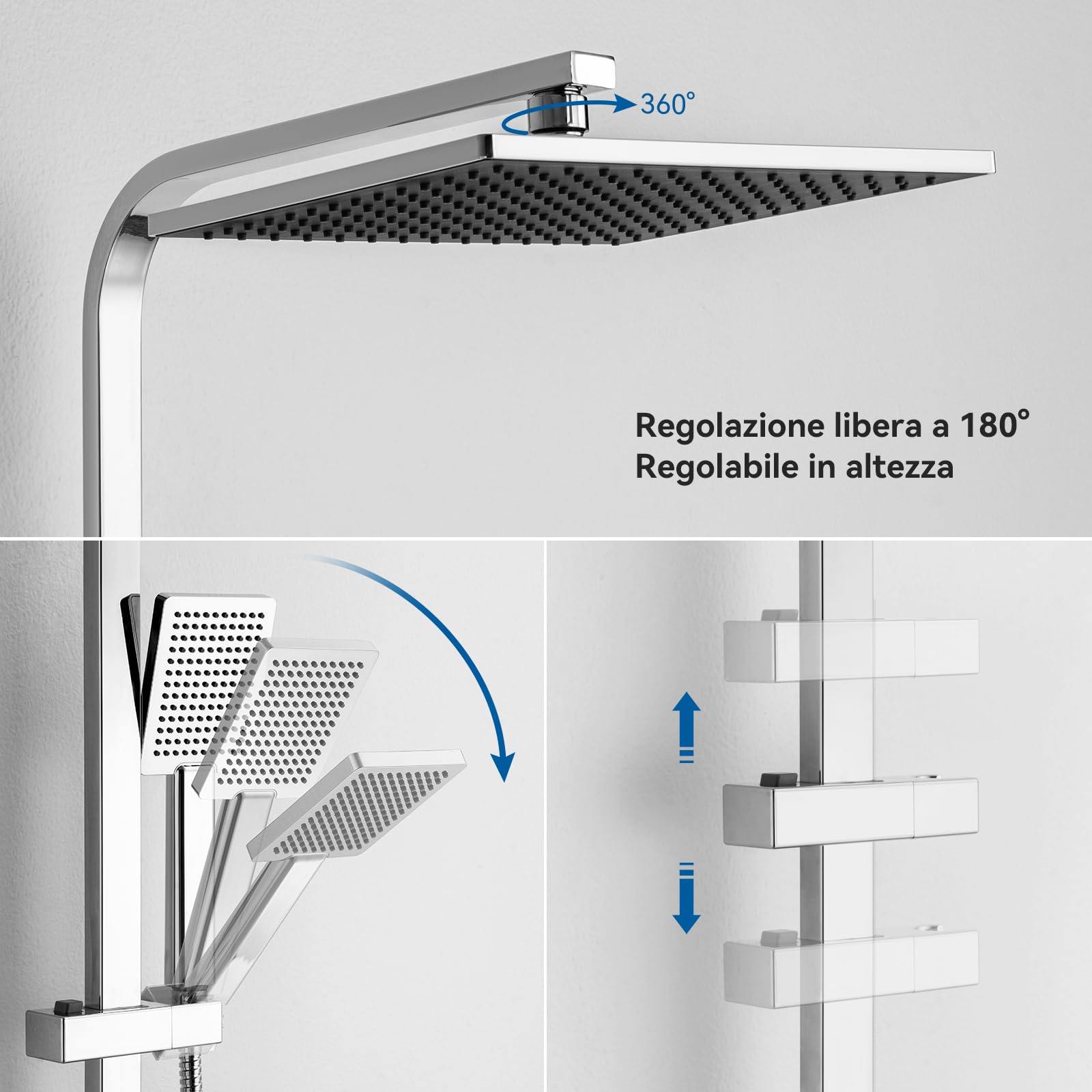 Auralum Colonna Doccia con Miscelatore Termostatico, Miscelatore Doccia con Saliscendi Doccia in Acciaio Inox Altezza Regolabile 97-130cm, Asta Doccia con Soffione Doccia Quadrato 25cmx25cm e Doccetta
