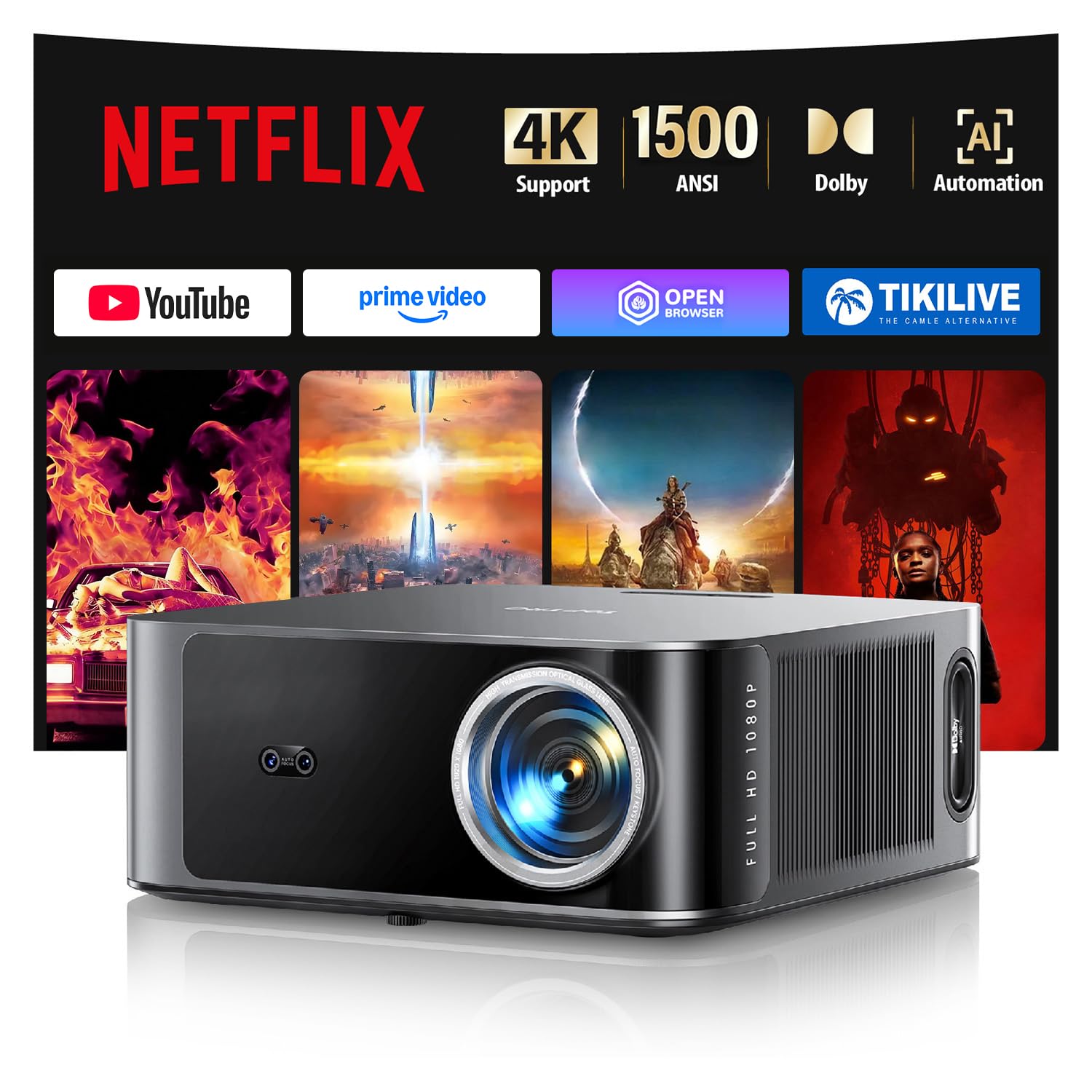 Beamer 4K【Kompatibel mit Netflix & Dolby Audio】 Toptro 1500 ANSI Smart Beamer Heimkino, 1080P Full HD Video Projektor mit Zwei-Wege Bluetooth WiFi, KI-Autofokus & Trapezkorrektur für Outdoor/Handy