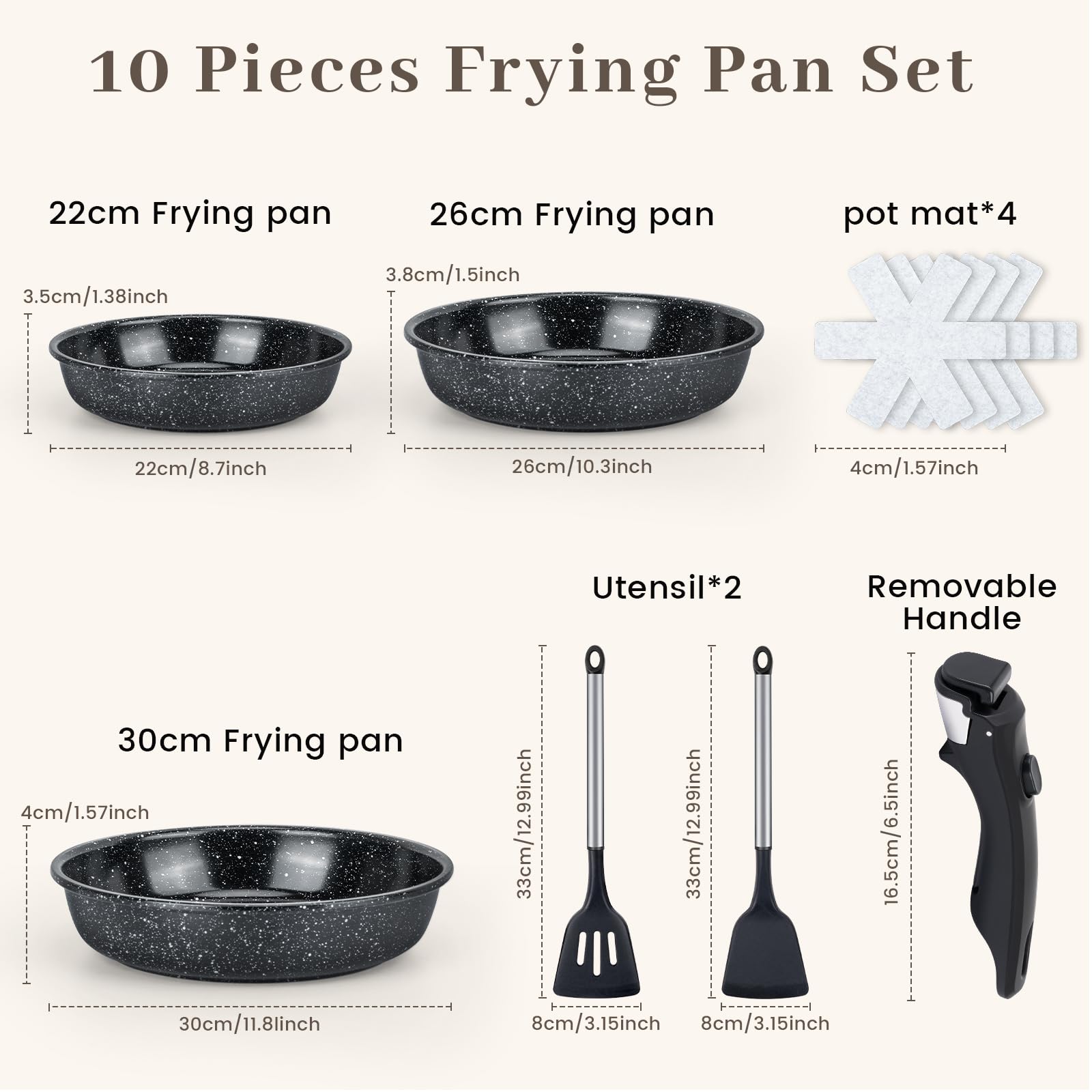 Juego de 10 Sartenes de Inducción – 21,3/25,8/29,5 cm Sartén Antiadherente con Mango Desmontable, Resistente al Horno y Apto para Todas las Placas – Sartén para Hogar y Camping