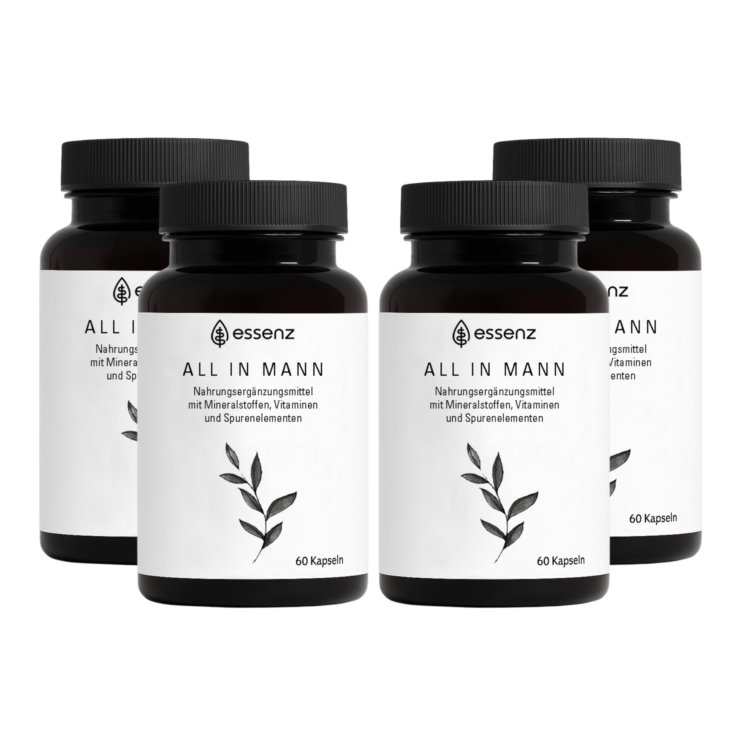 ESSENZ – All In Mann 4 x 60 Kapseln – Multinährstoff-Komplex + Vitamine, Mineralstoffe & Spurenelemente. Mit Zink zur Erhaltung eines normalen Testosteronspiegels + Vitamin C & D für das Immunsystem