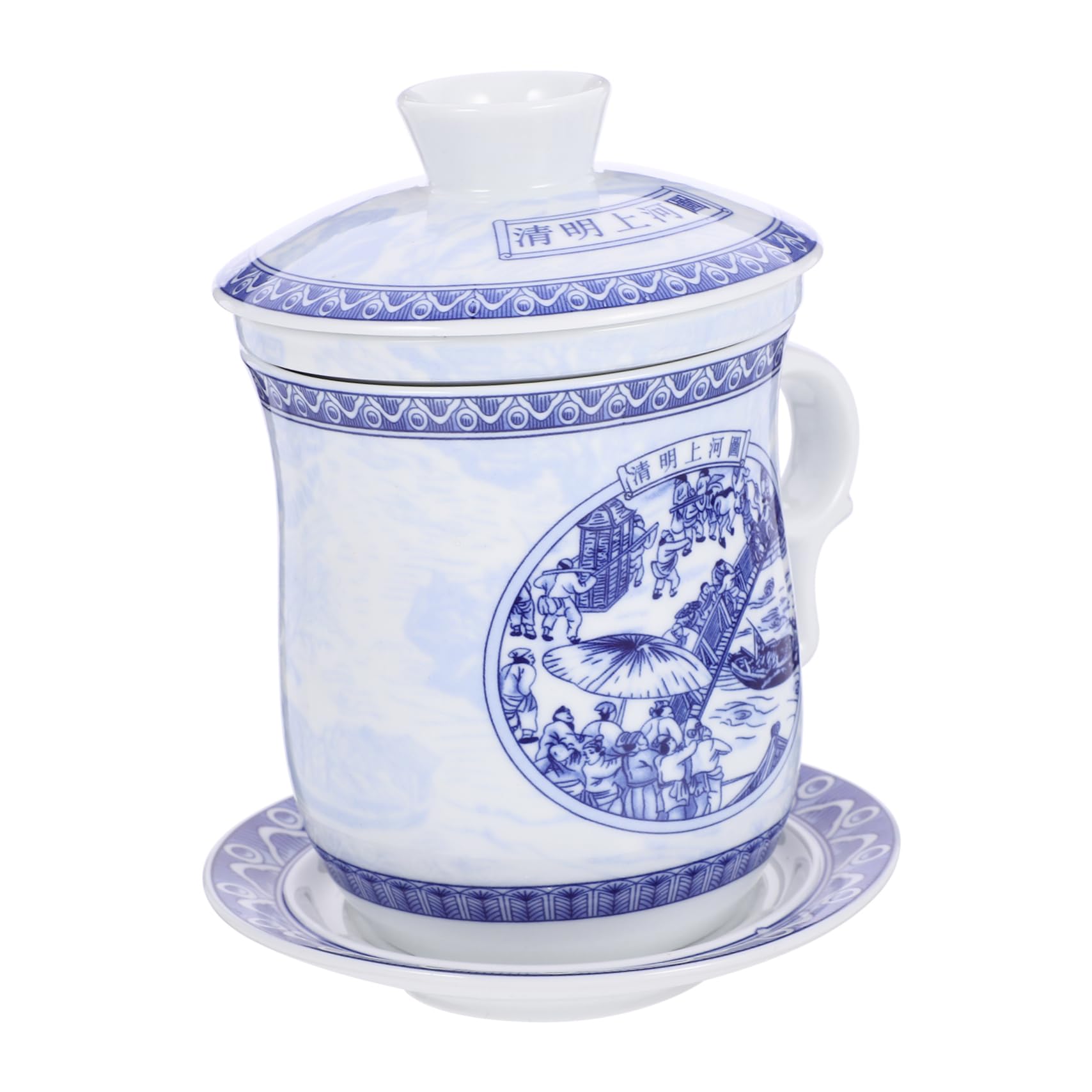 Mobestech Traditionelle Chinesische Teetasse mit Sieb und Deckel Keramikbecher mit Untertasse Chinesisches Teegeschirr mit Klassischem Muster Staubgeschützt für Haushaltsgebrauch und