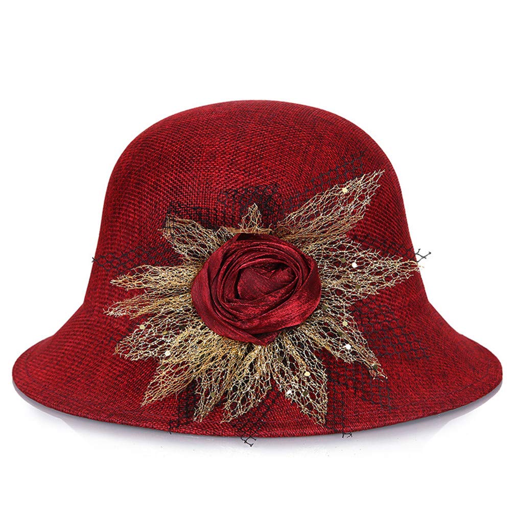 Ulalaza Women's 4-Red 2 Vintage Cloche Bucket Hat With Flower Collapsible Felt Church Bowler Hat
