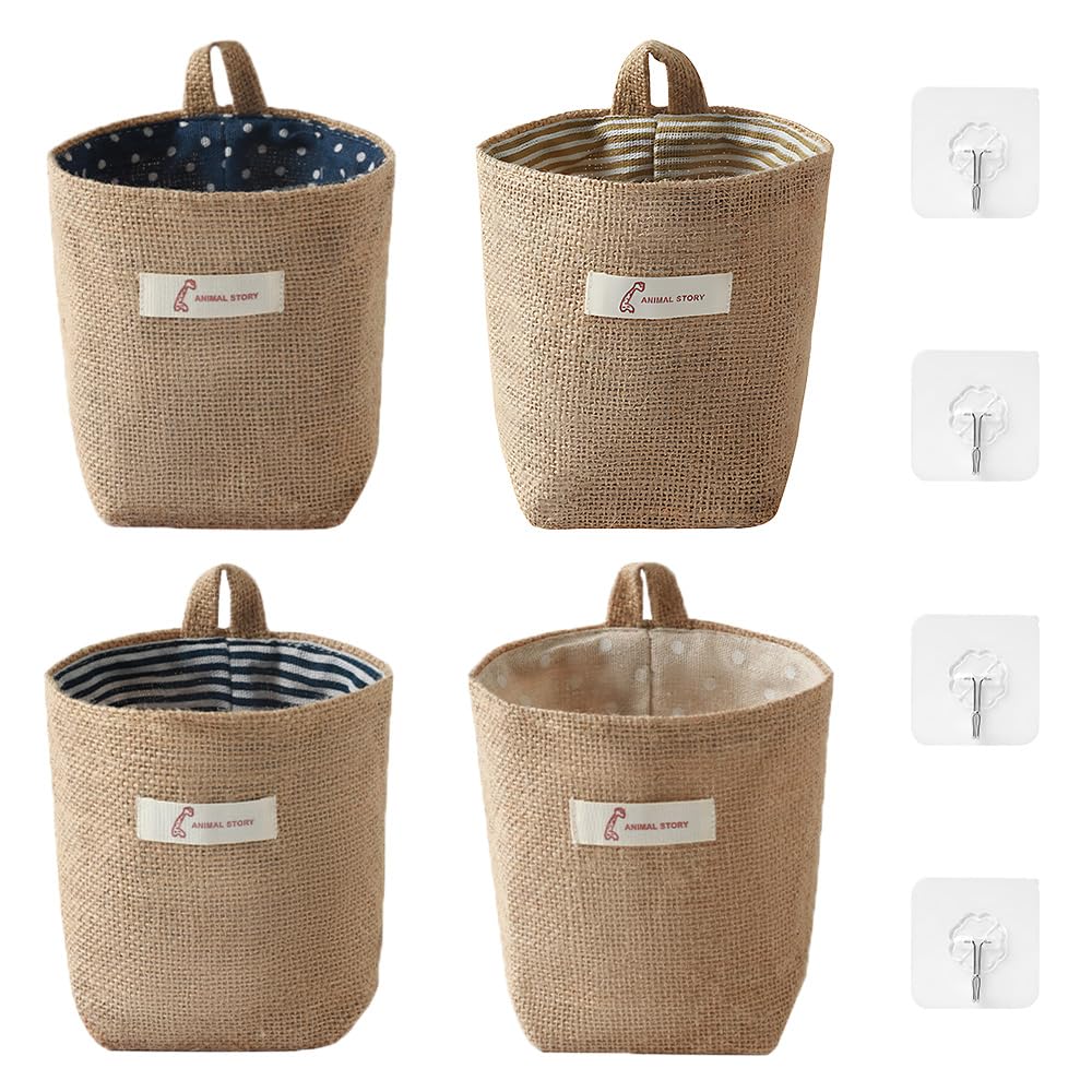 UMCHU 4 Pcs Storage Wall Hanging Bag,Door Storage Bag,Cotton Linen Storage Organiser Bags,for Toys, Makeup, Small Affairs, Keys, Toilet Paper, Potted Plants