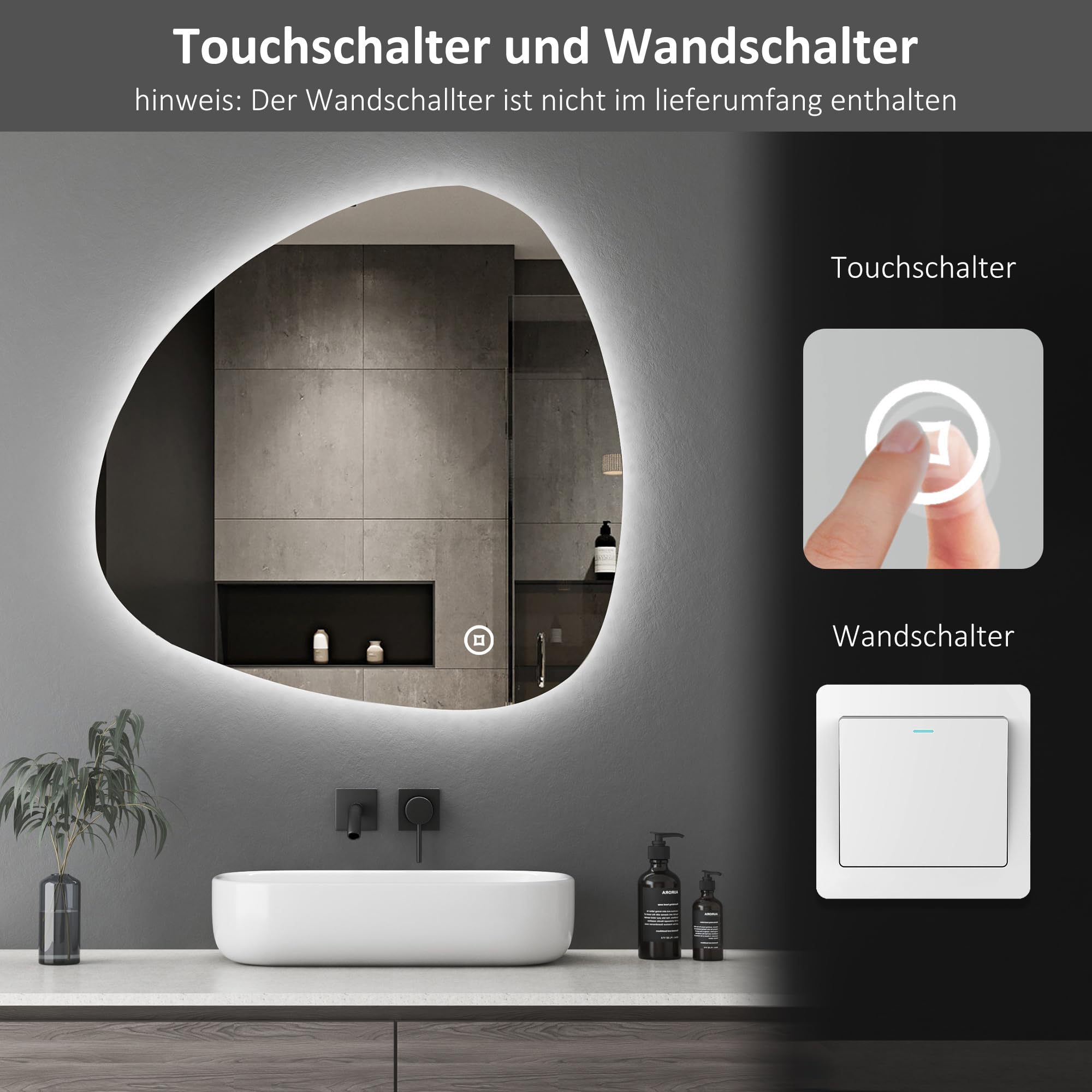 Boromal Asymmetrischer Badspiegel mit Beleuchtung 80x80cm LED Asymmetrischer Spiegel mit Beleuchtung Spiegel mit Licht Badezimmer Wandspiegel mit Touch-Schalter, 3 Lichtfarbe Dimmbar