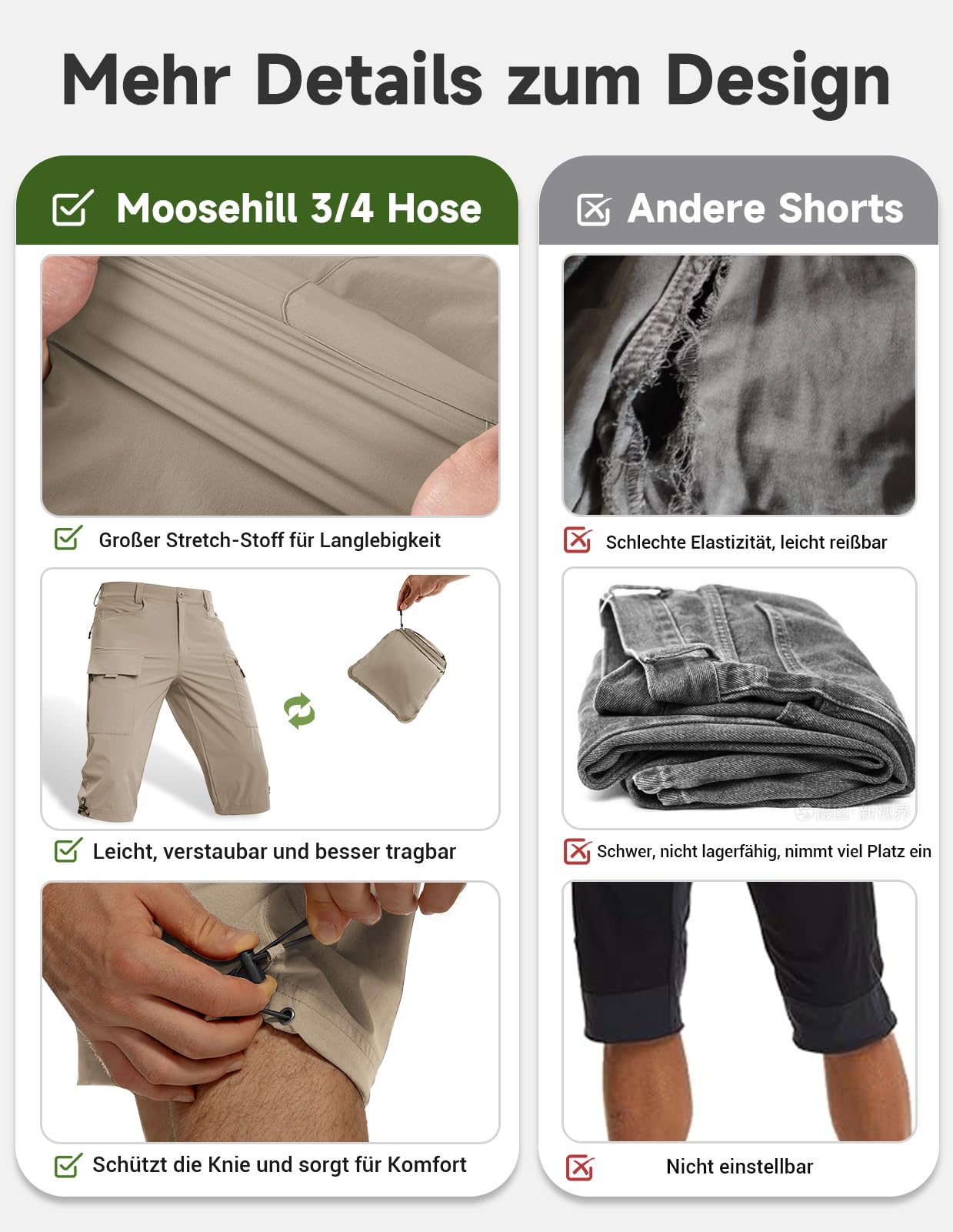 Moosehill Short 3/4 pour homme, cargo, bermuda, short de plein air, 6 poches, léger, imperméable, pantalon cargo, pantalon de randonnée, pantalon de travail, VTT, sports de plein air, short d'été