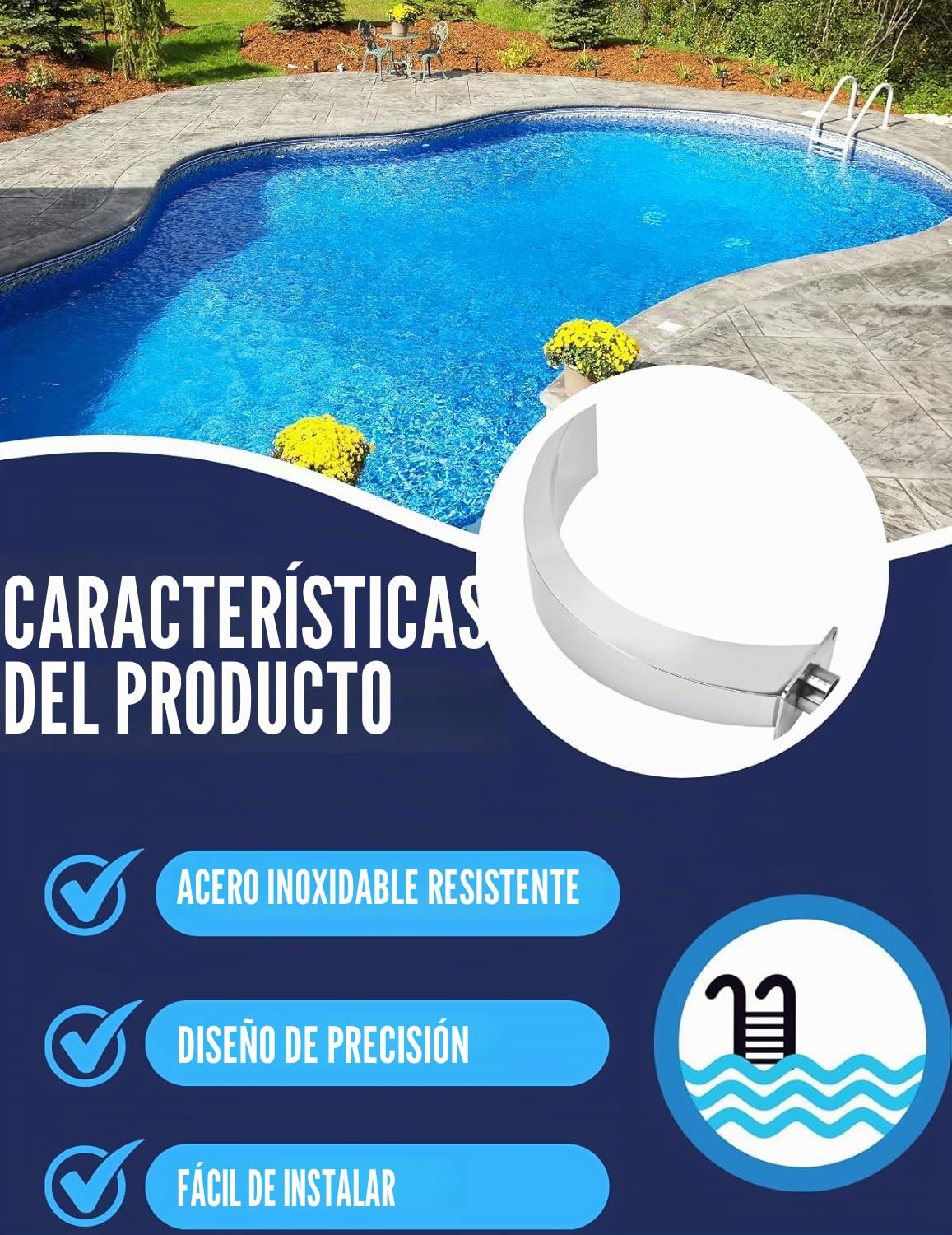Fuente de cascada de piscina Ghzste G1 Rosca interna de acero inoxidable 304 Diseño curvo redondeado para fuente de piscina al aire libre para patio