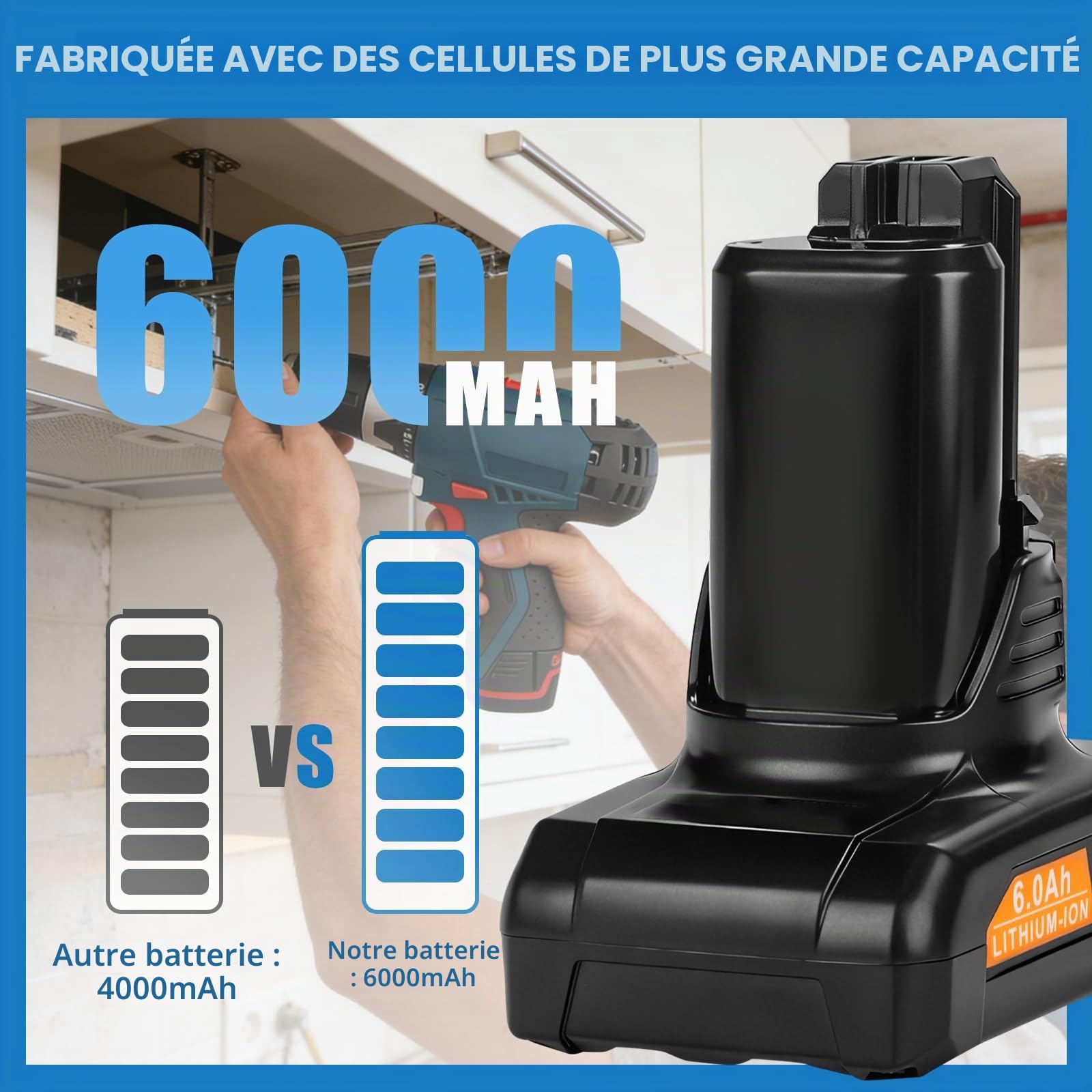 6.0Ah Batterie Li-ION pour Bosch 12V BAT420, BAT411A, BAT412, BAT413, BAT411, GBA, GSR, GSA et GST 12V.