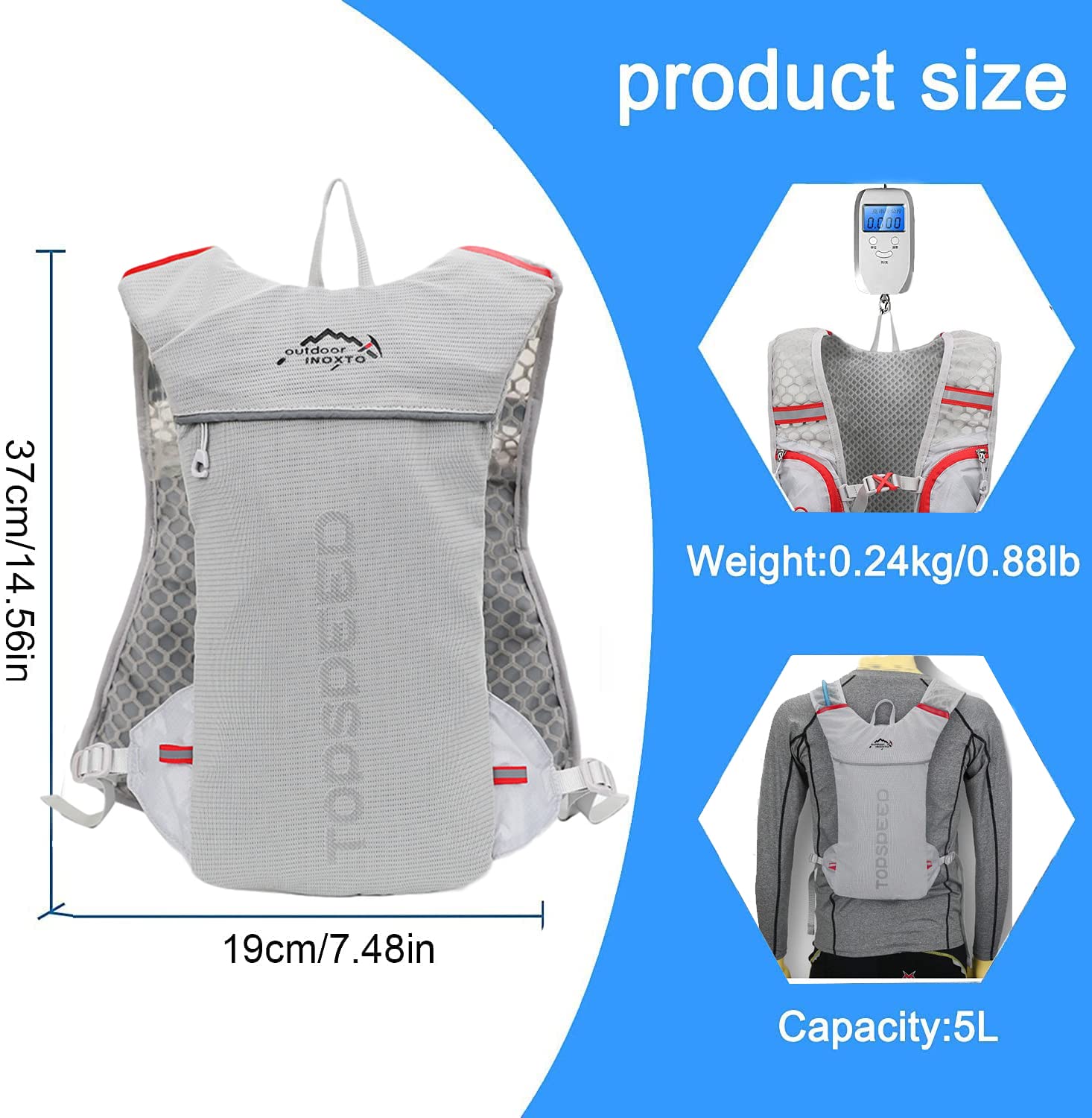 INOXTO Sac à dos léger pour course à pied, gilet de course à pied avec poche à eau de 1,5 l pour randonnée, trail, course à pied, cyclisme, marathon pour femmes, hommes, enfants
