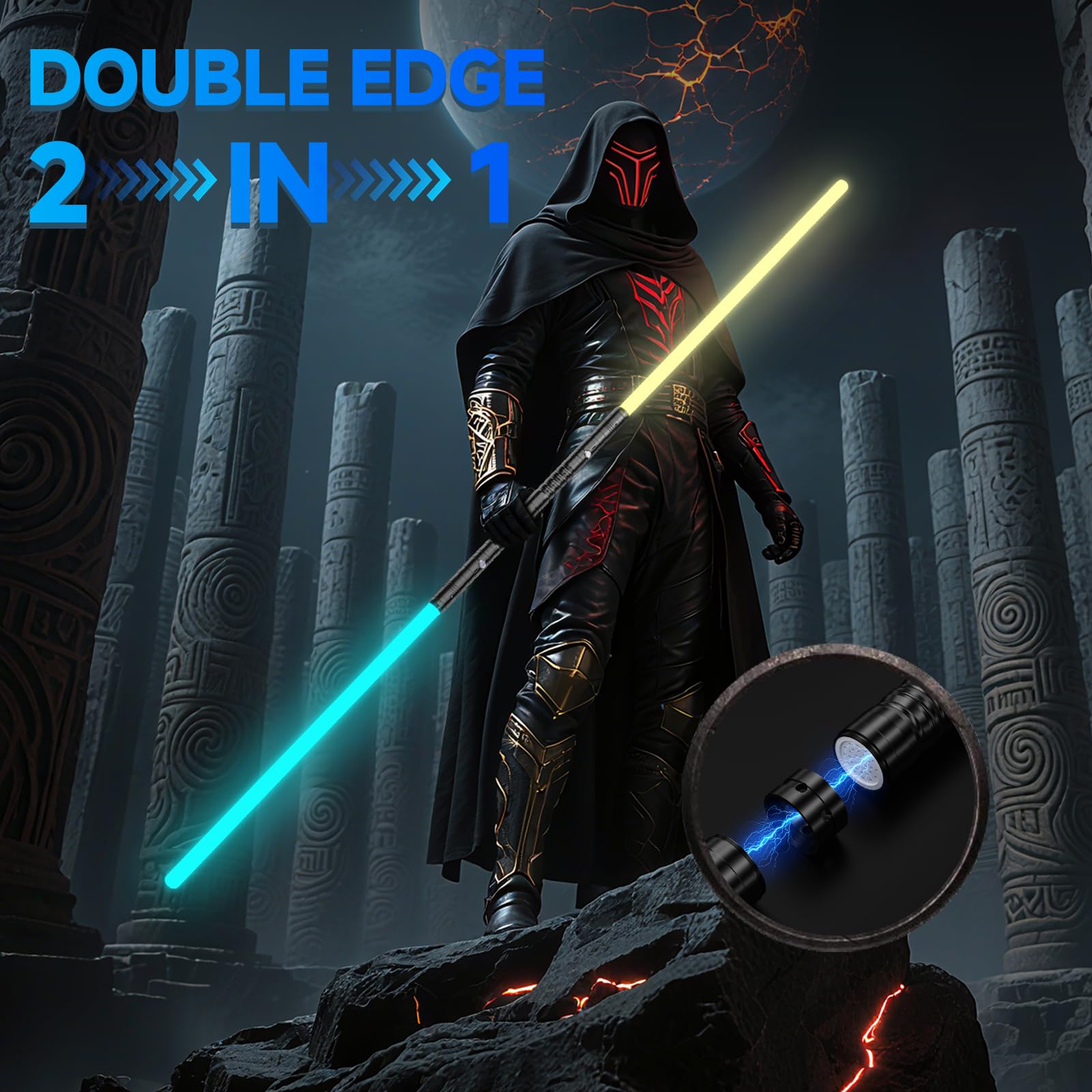 Lichtschwert Kinder & Erwachsene, USB-C Ladefunktion, RGB 15 Farben, 2-in-1 Duell Lightsaber mit 4 Modi, Metallgriff & robustem Schwert, Laserschwert Set 2 Stück (Schwarz 2pc)