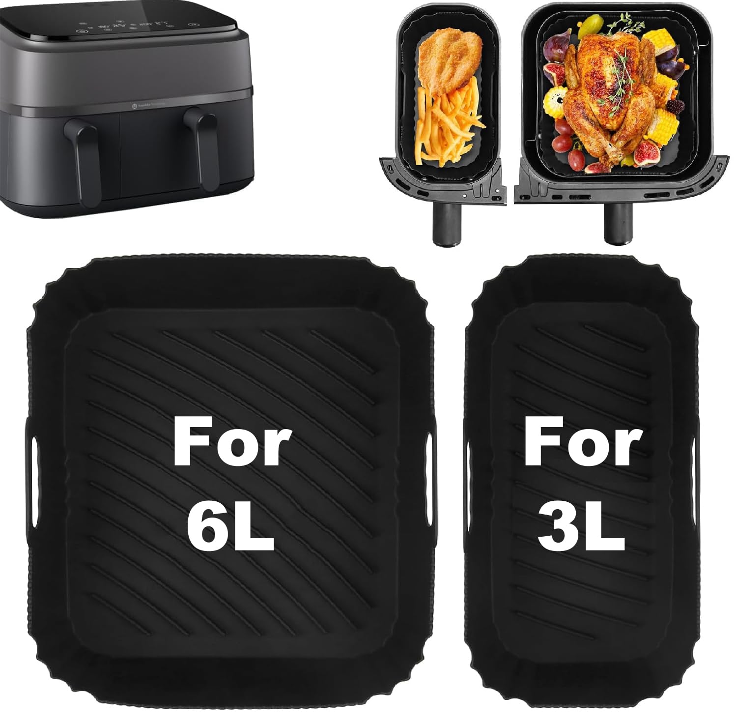 Pack of 2 Silicone Mould Hot Air Fryer Accessories for Philips Dual Basket Airfryer 3000 Series 6L/3L, 5000 Series 6L/3L, 1×6L + 1×3L Air Fryer Accessories for Philips Air Fyer NA350/00 NA550/00