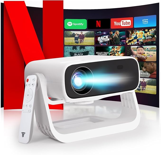 Smart Projector with WiFi 6 and Bluetooth Built-in Apps - 4K Support Portable Bedroom Mini Projector Native 1080P , 2025 New Auto Keystone & Zoom Home Theater Cinema Movie Proyector, 120° Stand