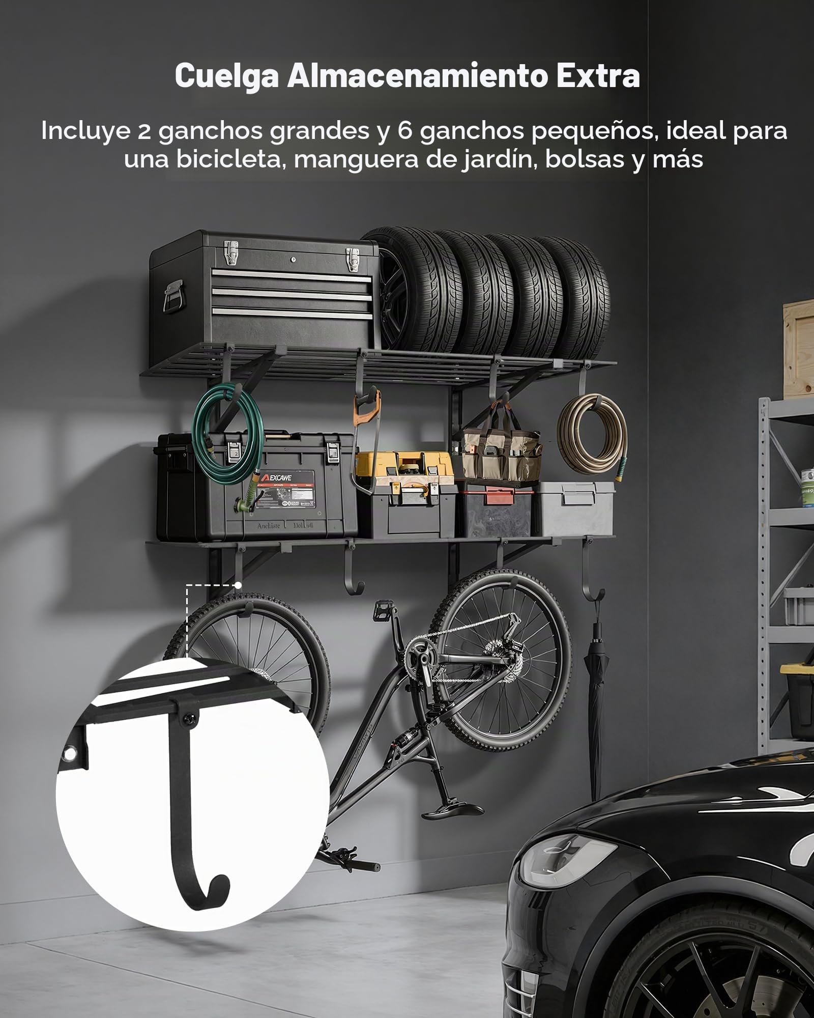 VEVOR Estantería de Pared de Acero Resistente 610x1219 mm Carga 118kg por Estante 235kg en Total, Distancia Ajustable, Juego de 2 Estanterías Flotantes con Ganchos para Cocina Lavandería Garaje Taller
