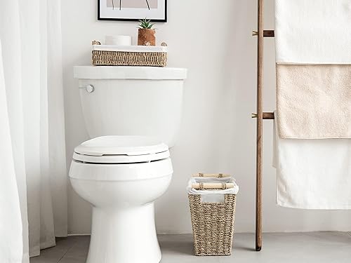 Miniatura 3 de StorageWorks Cesta de basura de hierba marina para sala de estar, cubo de basura de mimbre con asas de madera para dormitorio, cubo de basura