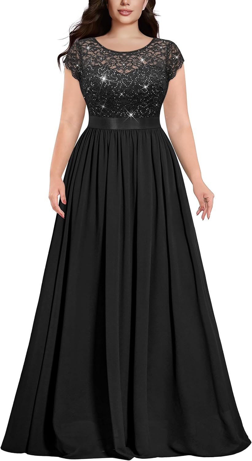 Knitee Women's Plus Size Sequin Floral Lace Formal Bridesmaid Party Flowy Maxi Dress