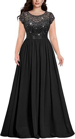 Knitee Womens Plus Size Sequin Floral Lace Formal Bridesmaid Party Flowy Maxi Dress