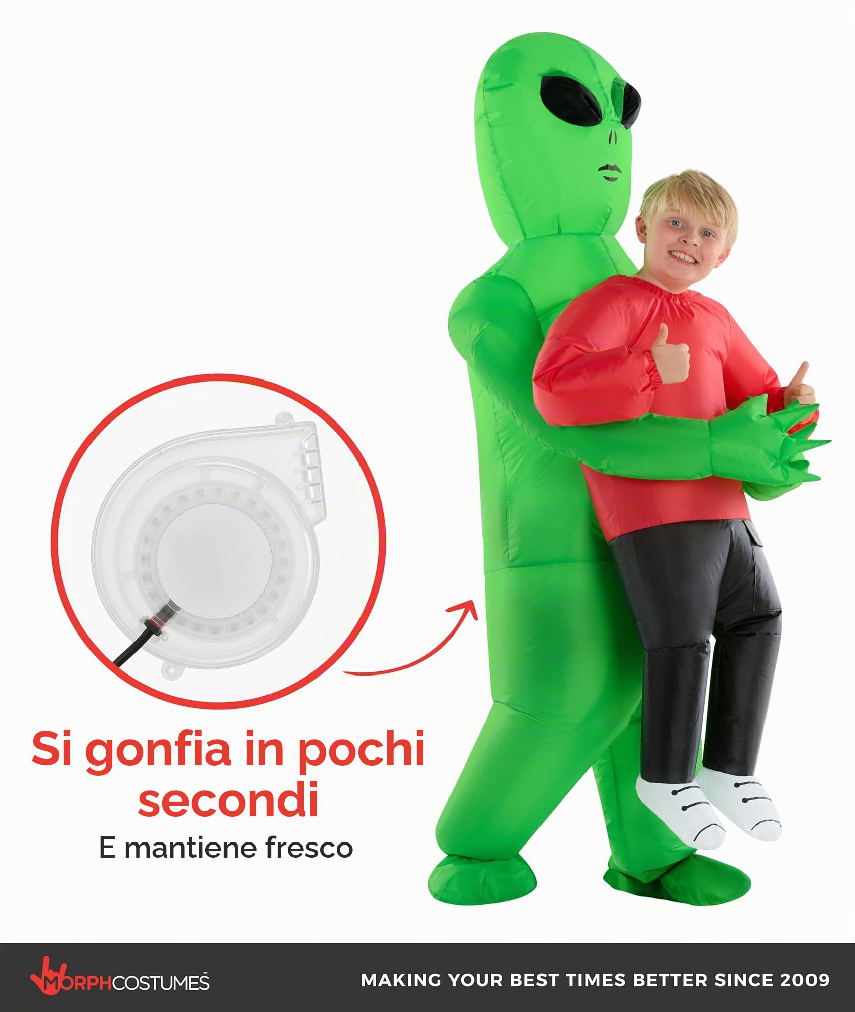 Morph Costume Alieno Gonfiabile Bambino, Costume Halloween Bambino | Tuta ad Aria con Ventola, Effetto Rapimento Alieno Rosso, Si Gonfia in Secondi, Perfetto per Halloween, Sempre un Successo