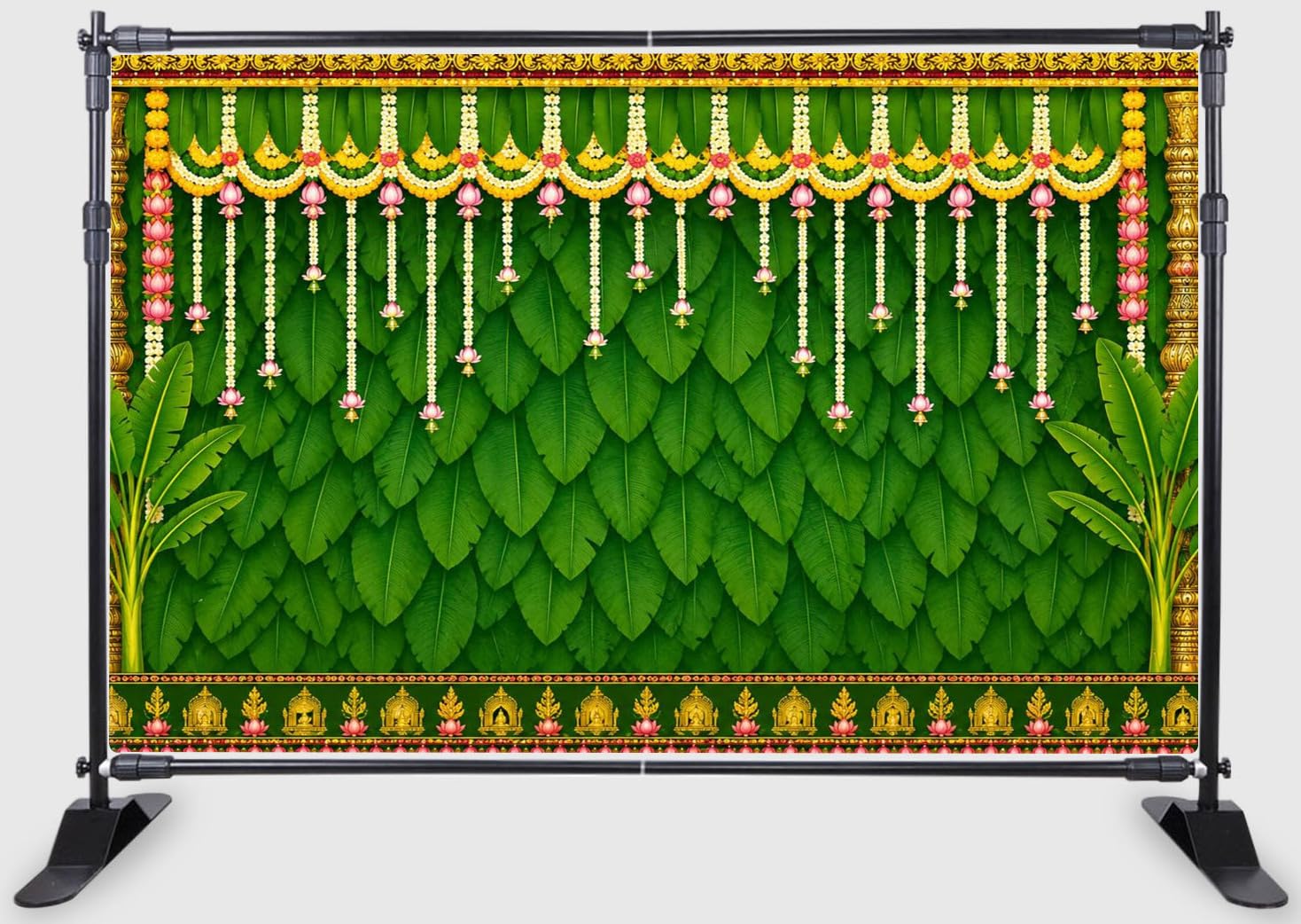 Backdropon Banana Leaf & Garland Fabric Backdrop for Pooja, Wedding, Varamahalakshmi, Housewarming & Festival Decoration Traditional Indian Event Background Size 5 Feet Height and 8 Feet Width(5 * 8)-picture-12