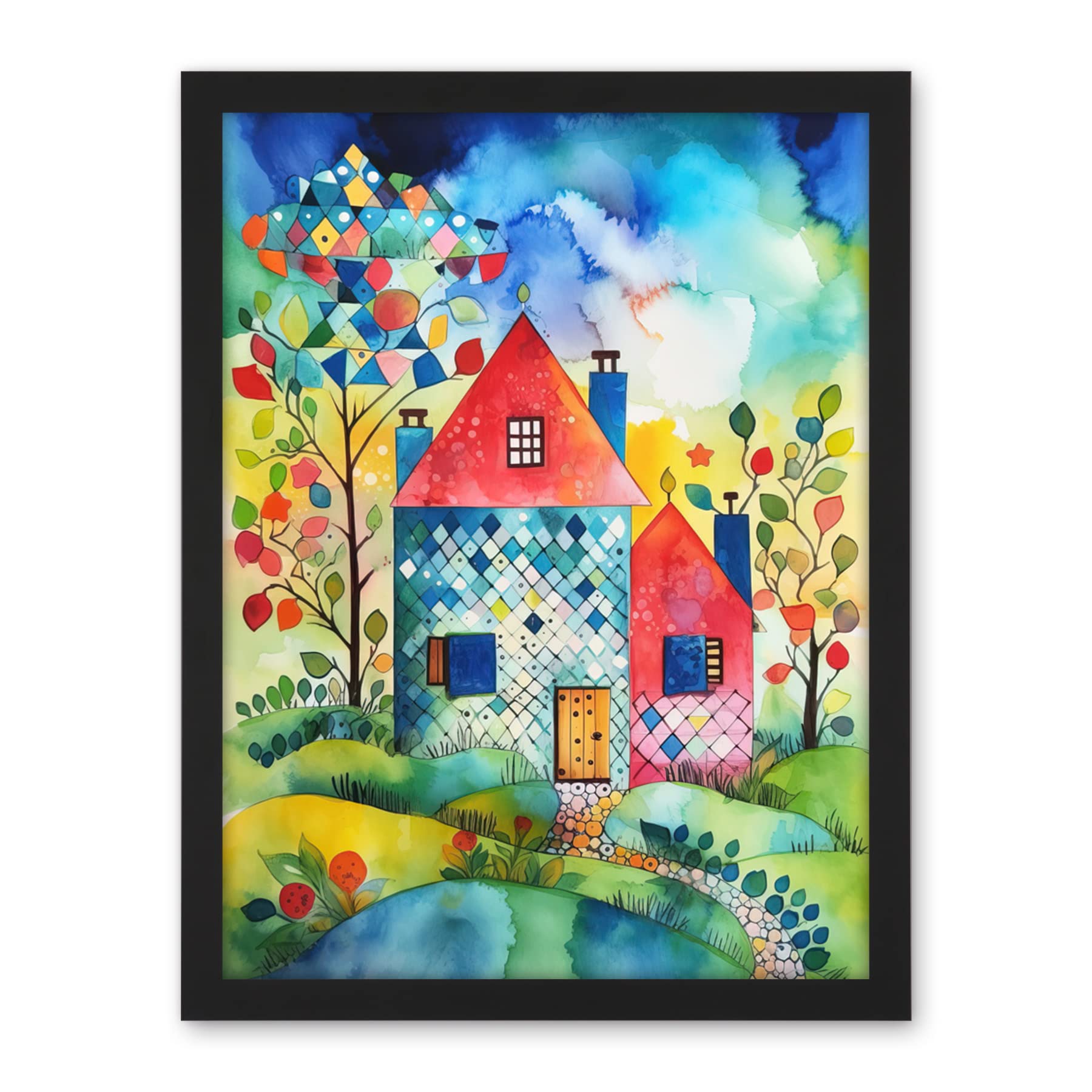 Artery8 Farmhouse In The Flowers Folk Art Artwork Framed Wall Art Print 18X24 Inch