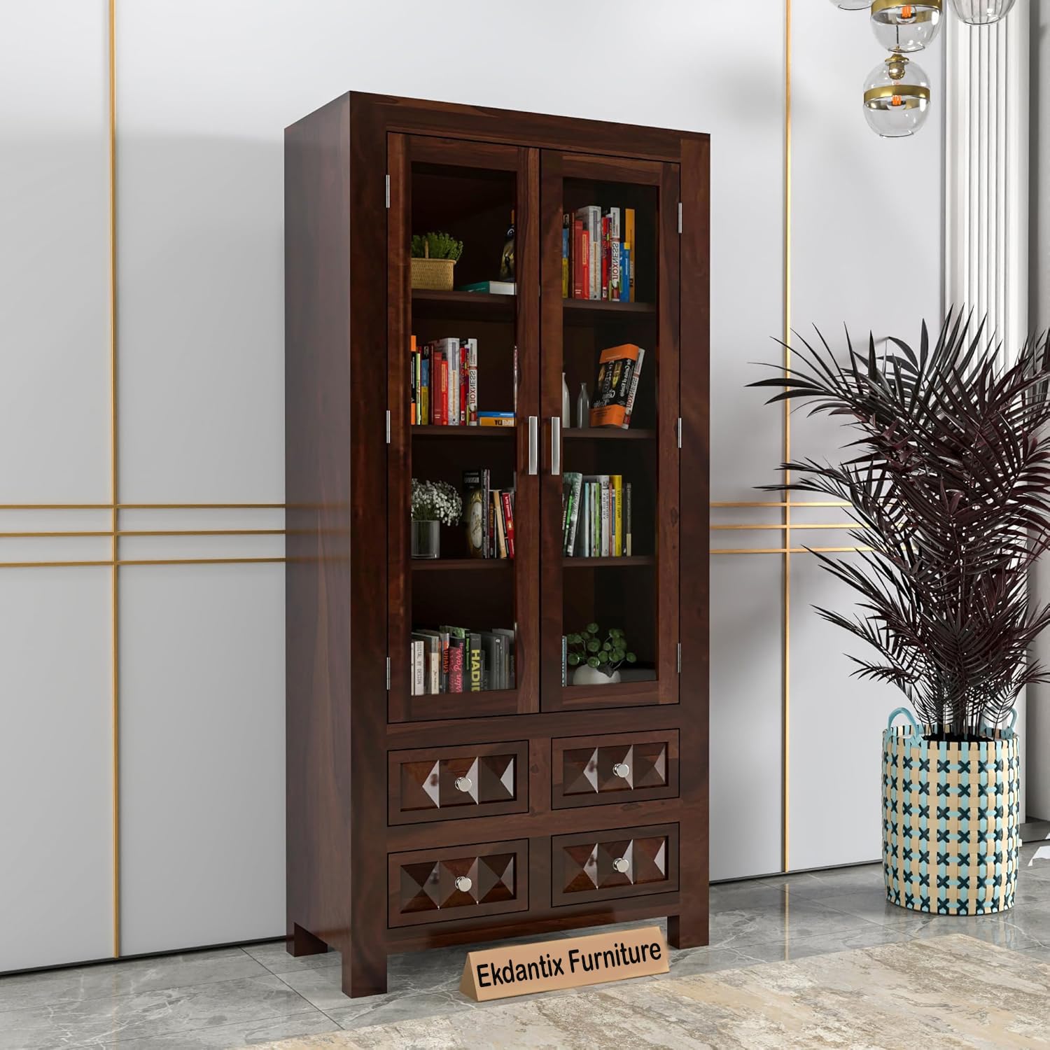Ekdantix Furniture Wood Book Shelf for Home Library | Book Shelf with Glass Door | Kitchen Crockery Cabinet, Almirah, Home,Office Study Room Furniture Books Rack (Walnut Finish)-image-15