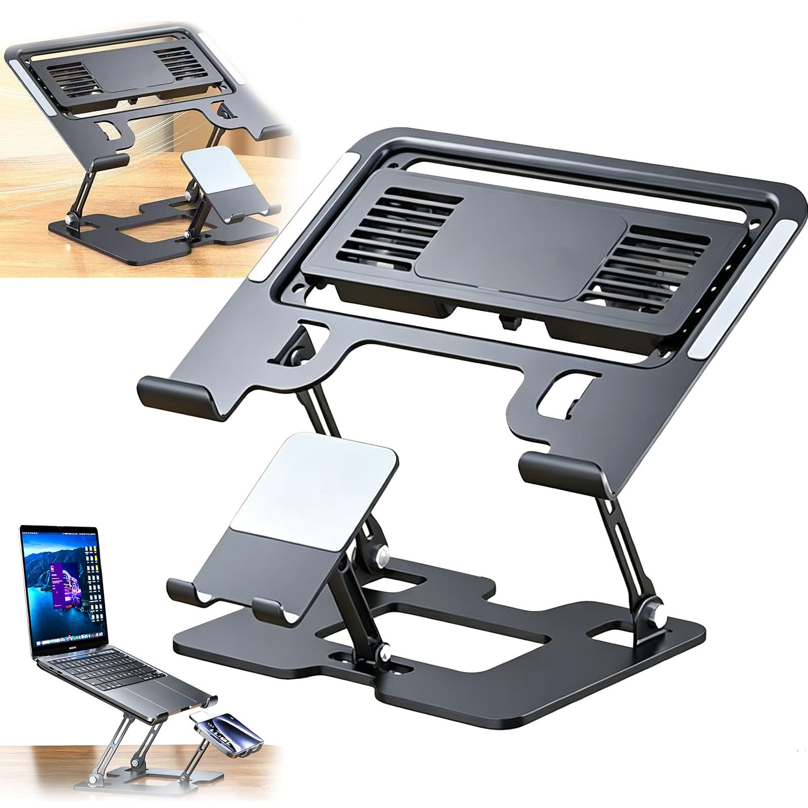 Regulowana Podstawka Chłodząca Do Laptopa,Chłodziarka Półprzewodnikowa,Do Laptopów O Przekątnej 10-17",Regulacja 180°,Rama Ze Stali Węglowej,Z Uchwytem Na Telefon,Udźwig 40Kg,Do Biura I Domu A