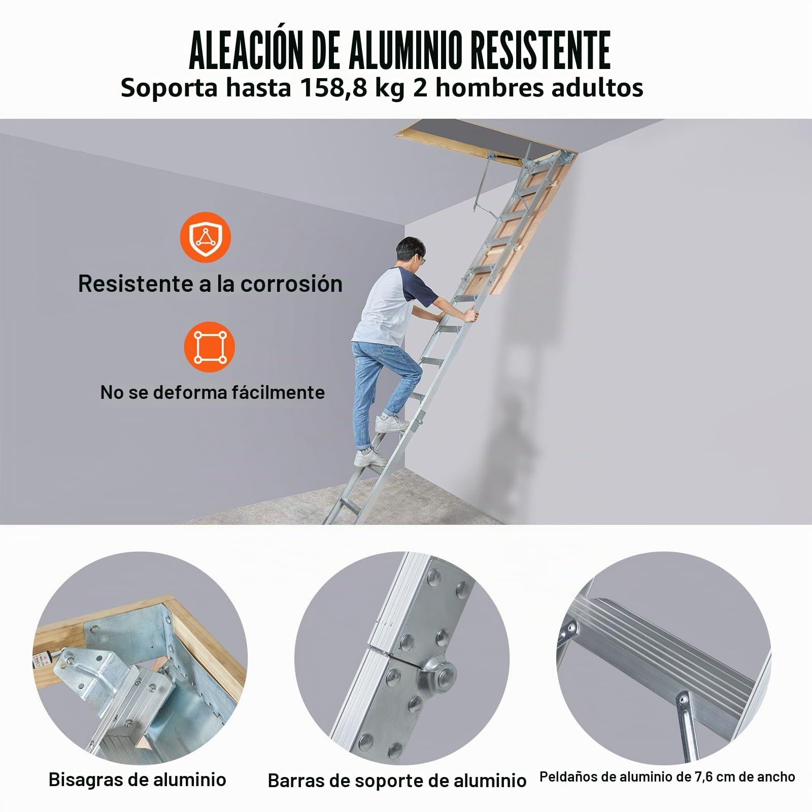 VEVOR Escalera Telescópica Plegable de Aluminio para Ático 570 x 1600 mm Capacidad de Carga de 158,8 kg Extensión Multiusos Ligera y Portátil Altura de Instalación 9,5'-12' para Ático, Oficina, Hogar